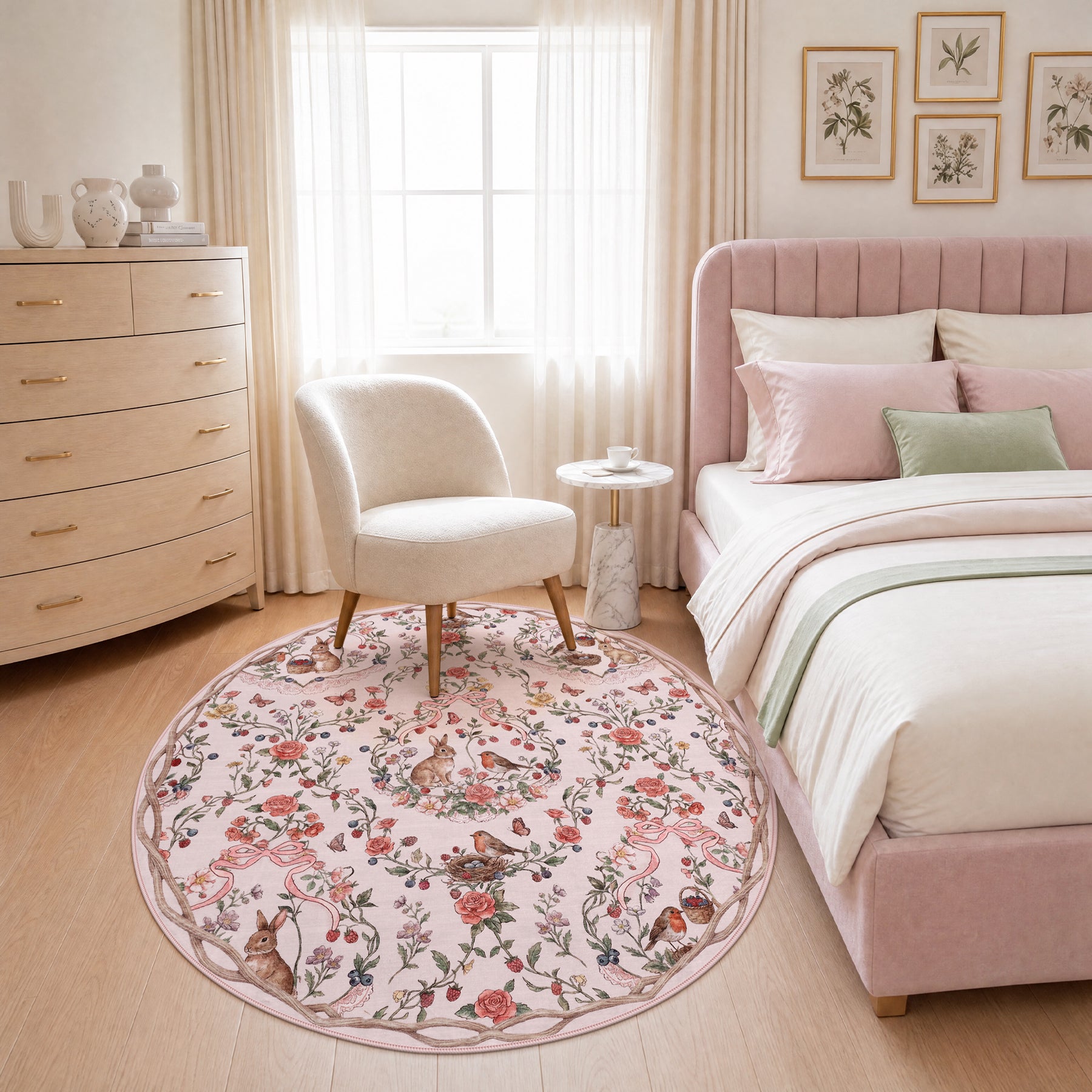 Pastoral Forest Bunny Floral Rug, Soft Water Mink Non-Slip Area Rug, Rectangular & Round Available