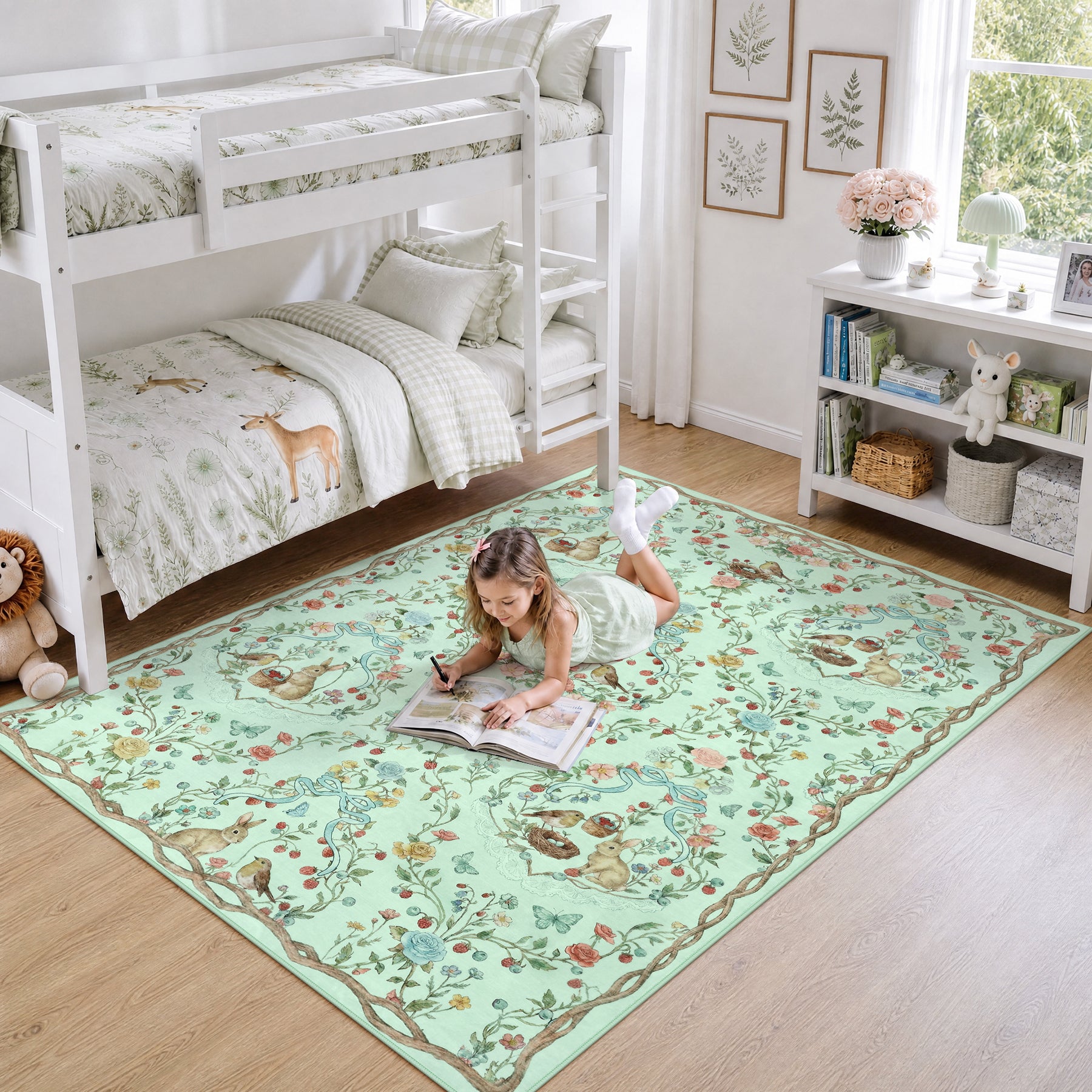 Pastoral Forest Bunny Floral Rug, Soft Water Mink Non-Slip Area Rug, Rectangular & Round Available