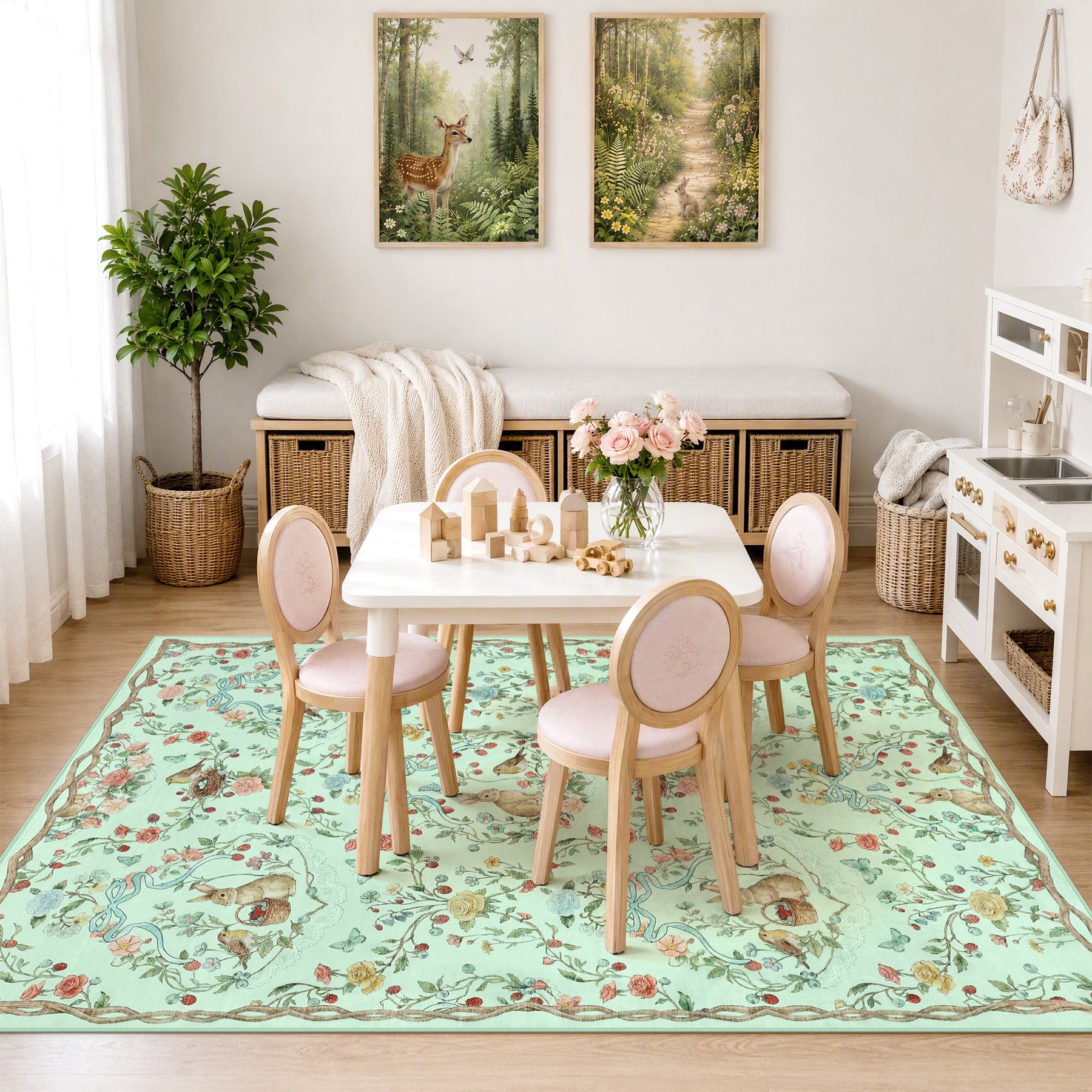 Pastoral Forest Bunny Floral Rug, Soft Water Mink Non-Slip Area Rug, Rectangular & Round Available