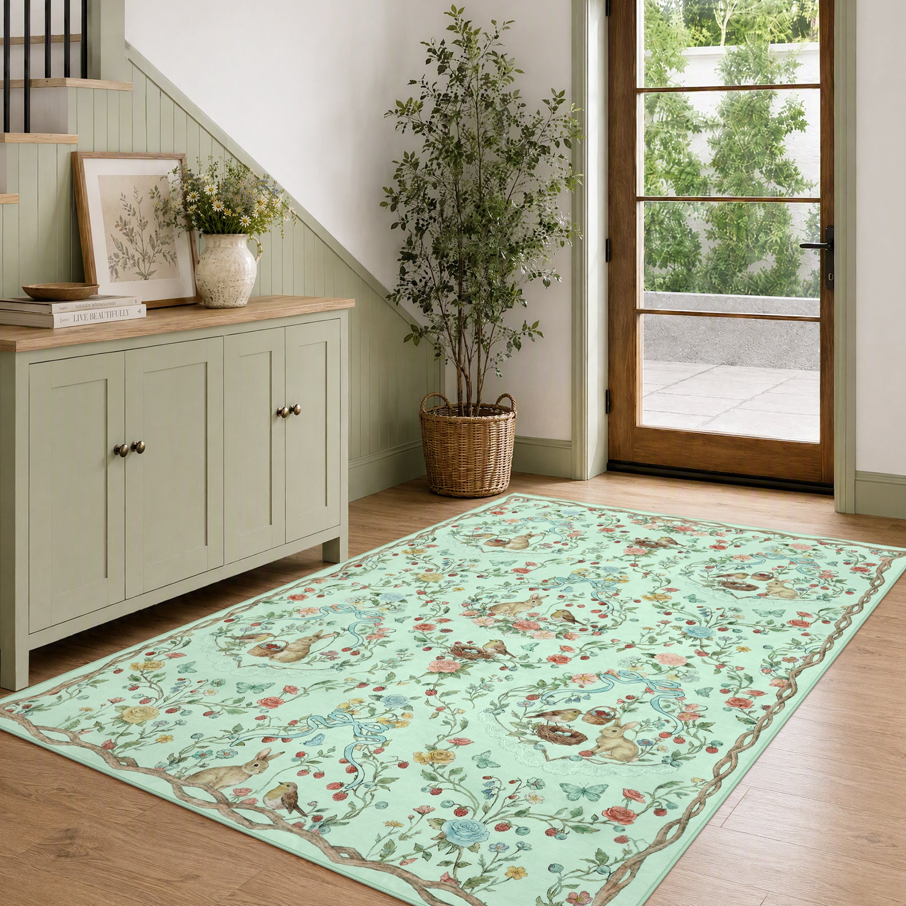 Pastoral Forest Bunny Floral Rug, Soft Water Mink Non-Slip Area Rug, Rectangular & Round Available