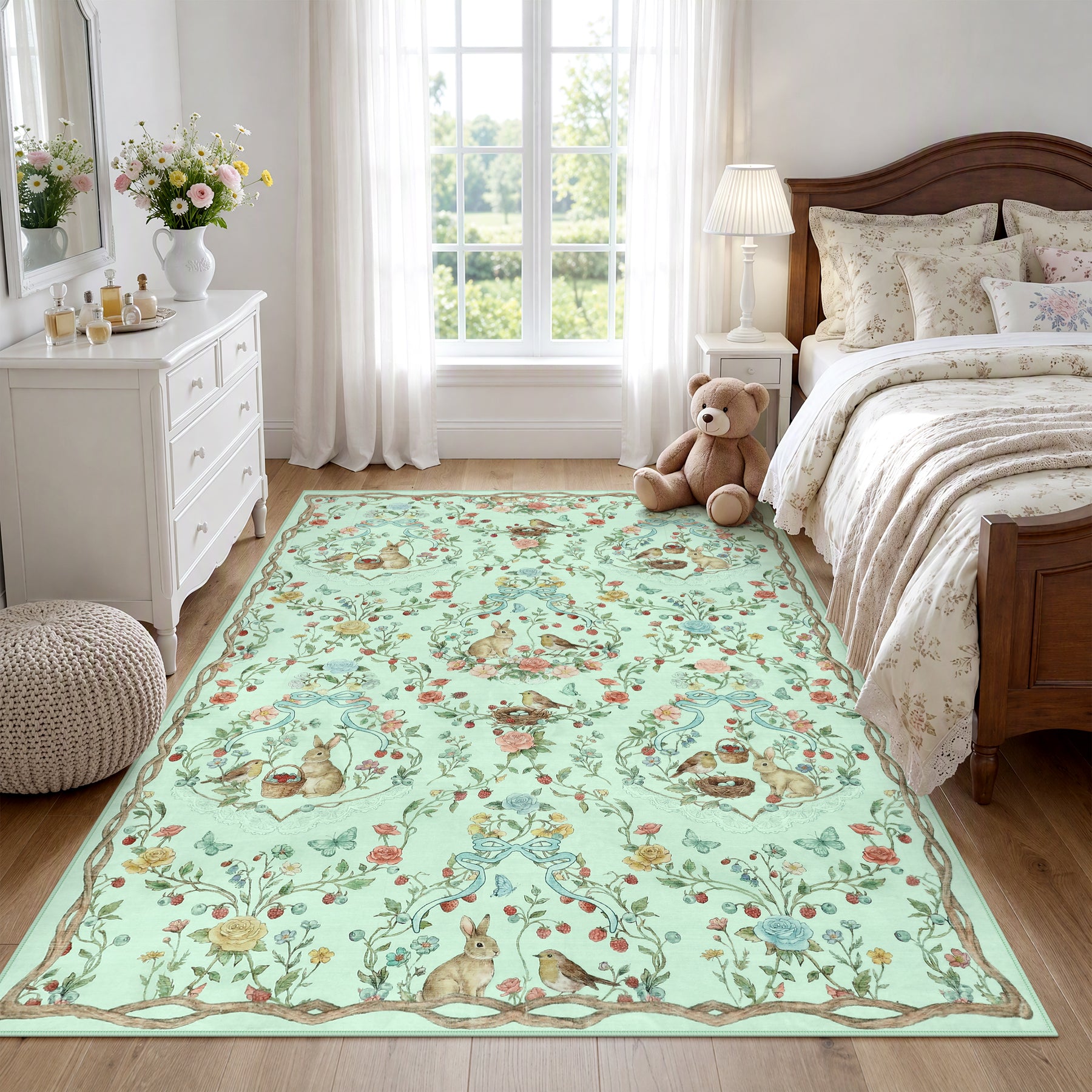 Pastoral Forest Bunny Floral Rug, Soft Water Mink Non-Slip Area Rug, Rectangular & Round Available