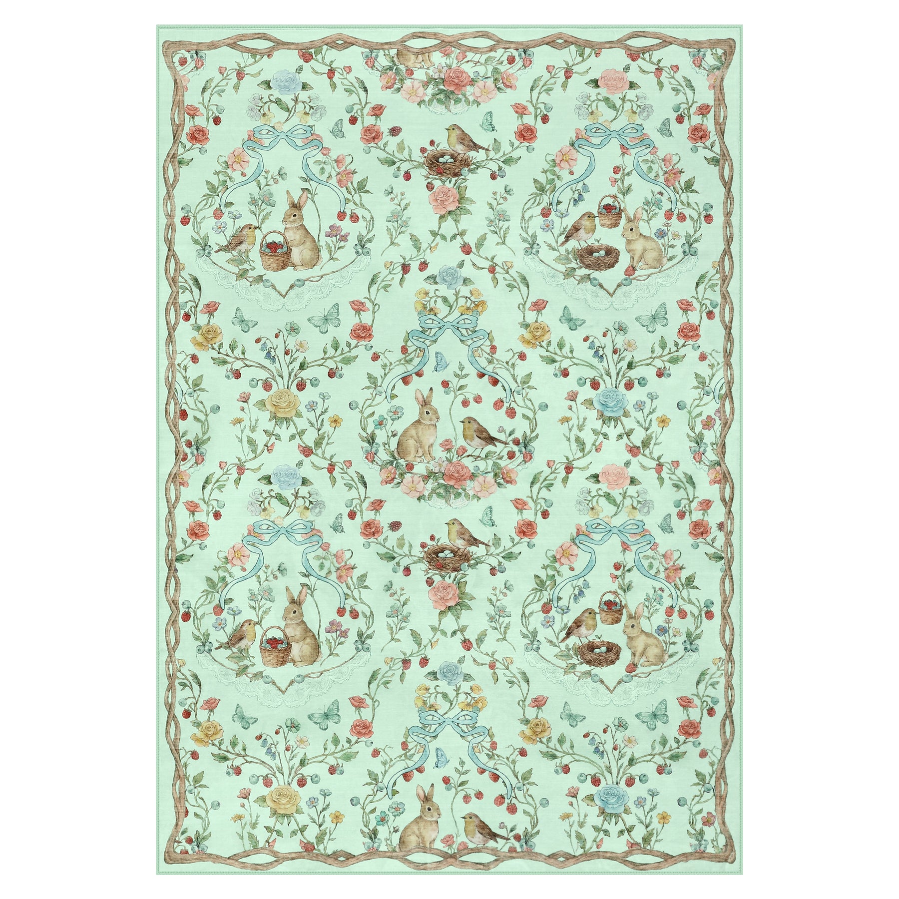 Pastoral Forest Bunny Floral Rug, Soft Water Mink Non-Slip Area Rug, Rectangular & Round Available