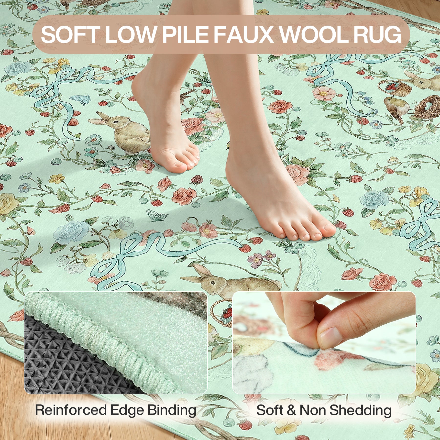 Pastoral Forest Bunny Floral Rug, Soft Water Mink Non-Slip Area Rug, Rectangular & Round Available