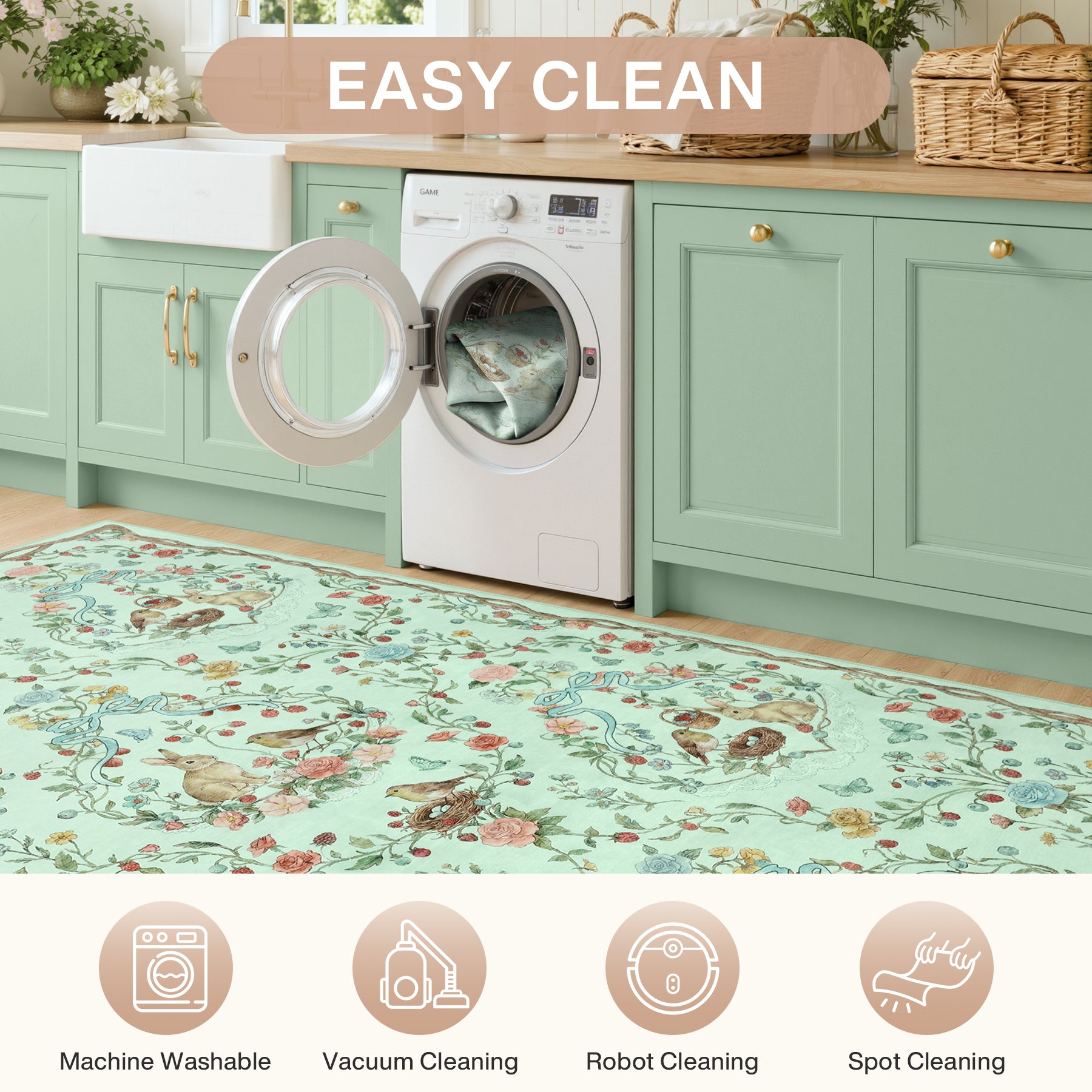 Pastoral Forest Bunny Floral Rug, Soft Water Mink Non-Slip Area Rug, Rectangular & Round Available