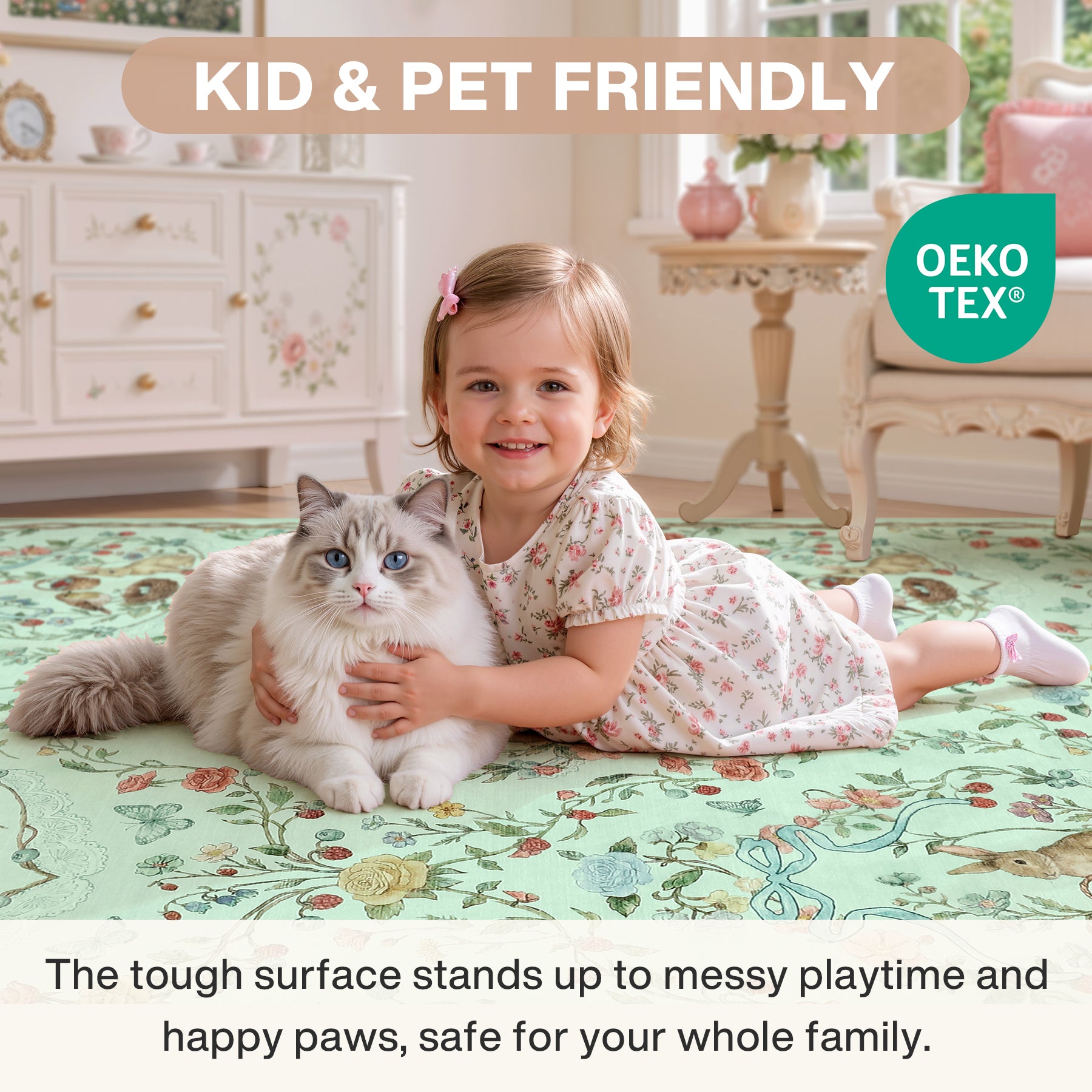Pastoral Forest Bunny Floral Rug, Soft Water Mink Non-Slip Area Rug, Rectangular & Round Available