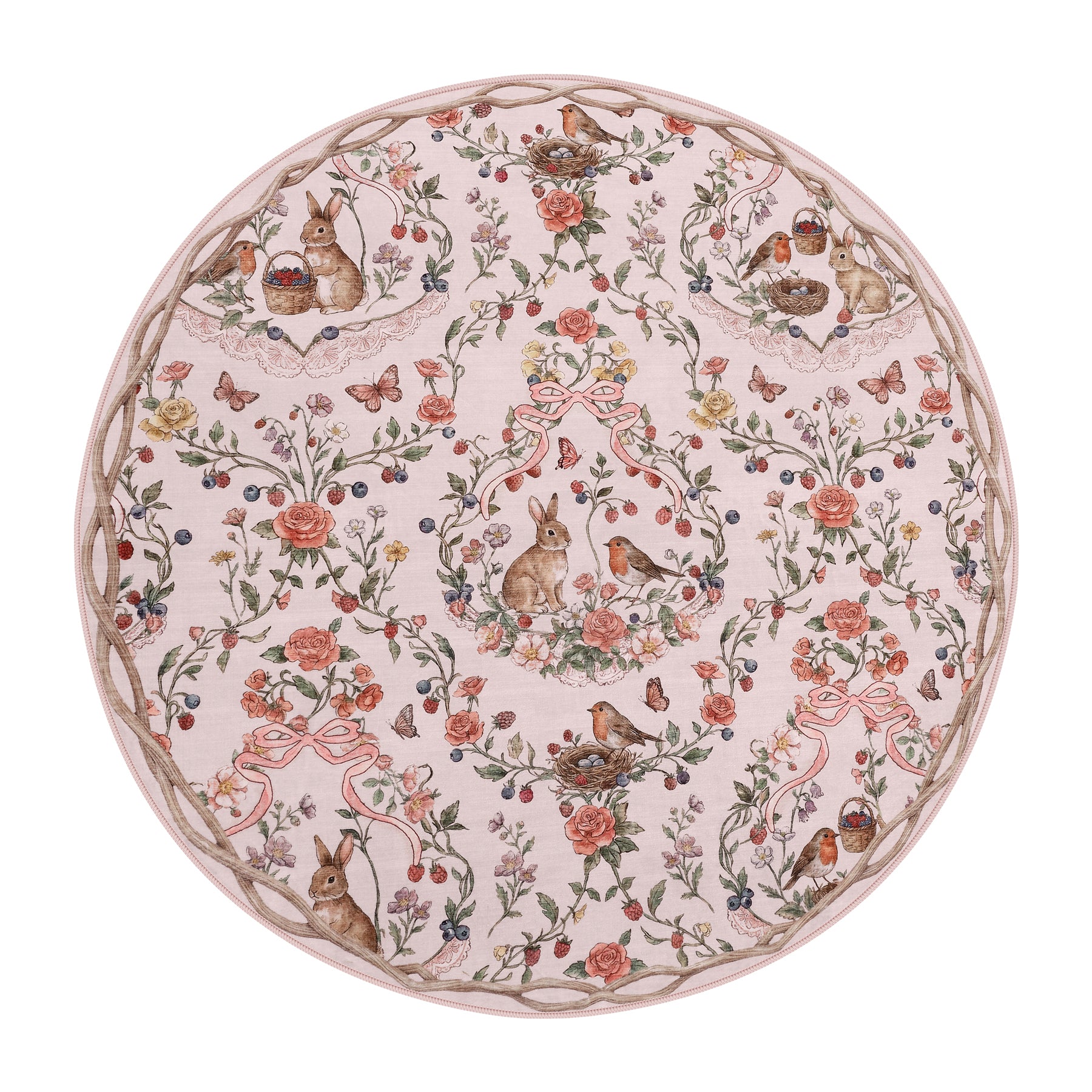Pastoral Forest Bunny Floral Rug, Soft Water Mink Non-Slip Area Rug, Rectangular & Round Available