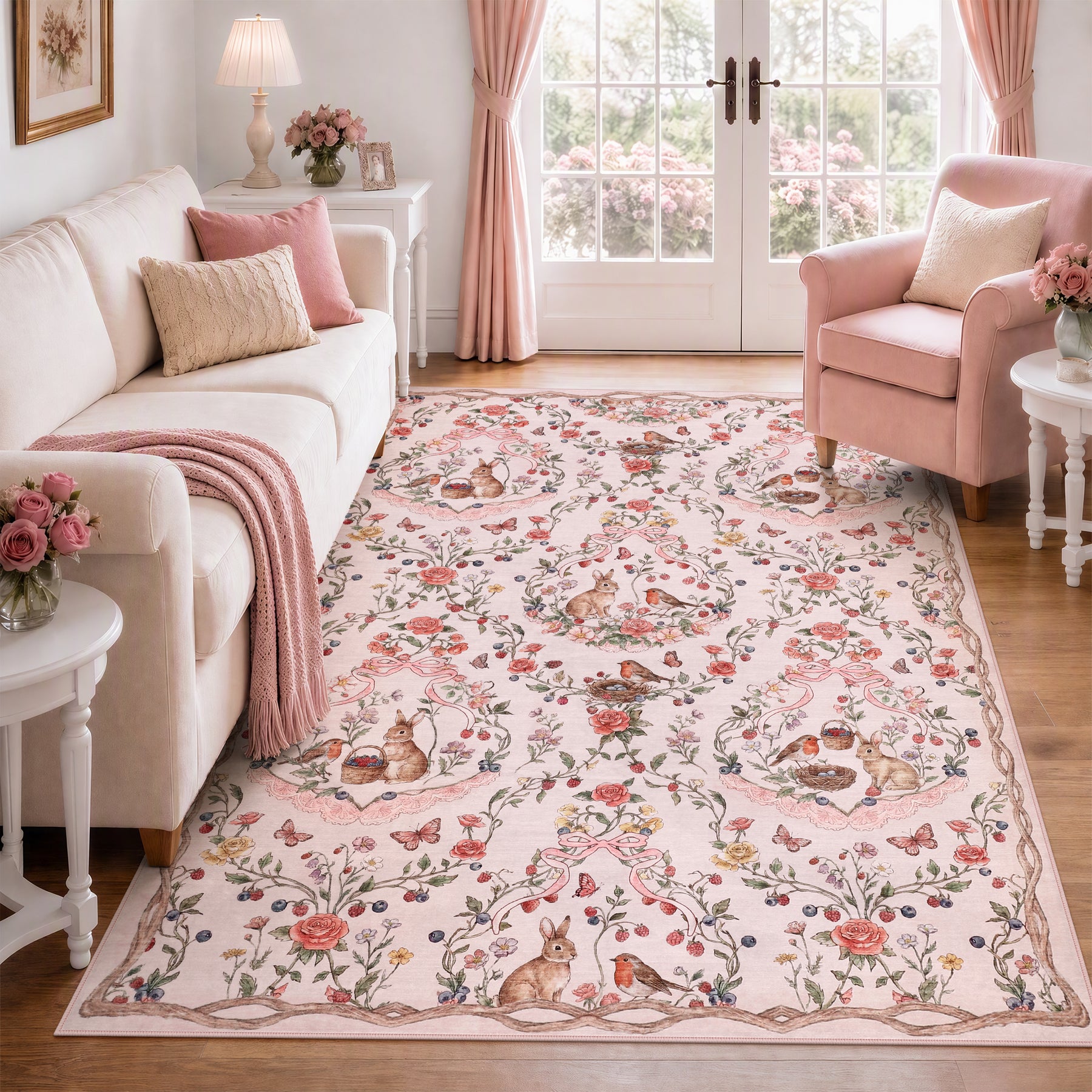 Pastoral Forest Bunny Floral Rug, Soft Water Mink Non-Slip Area Rug, Rectangular & Round Available