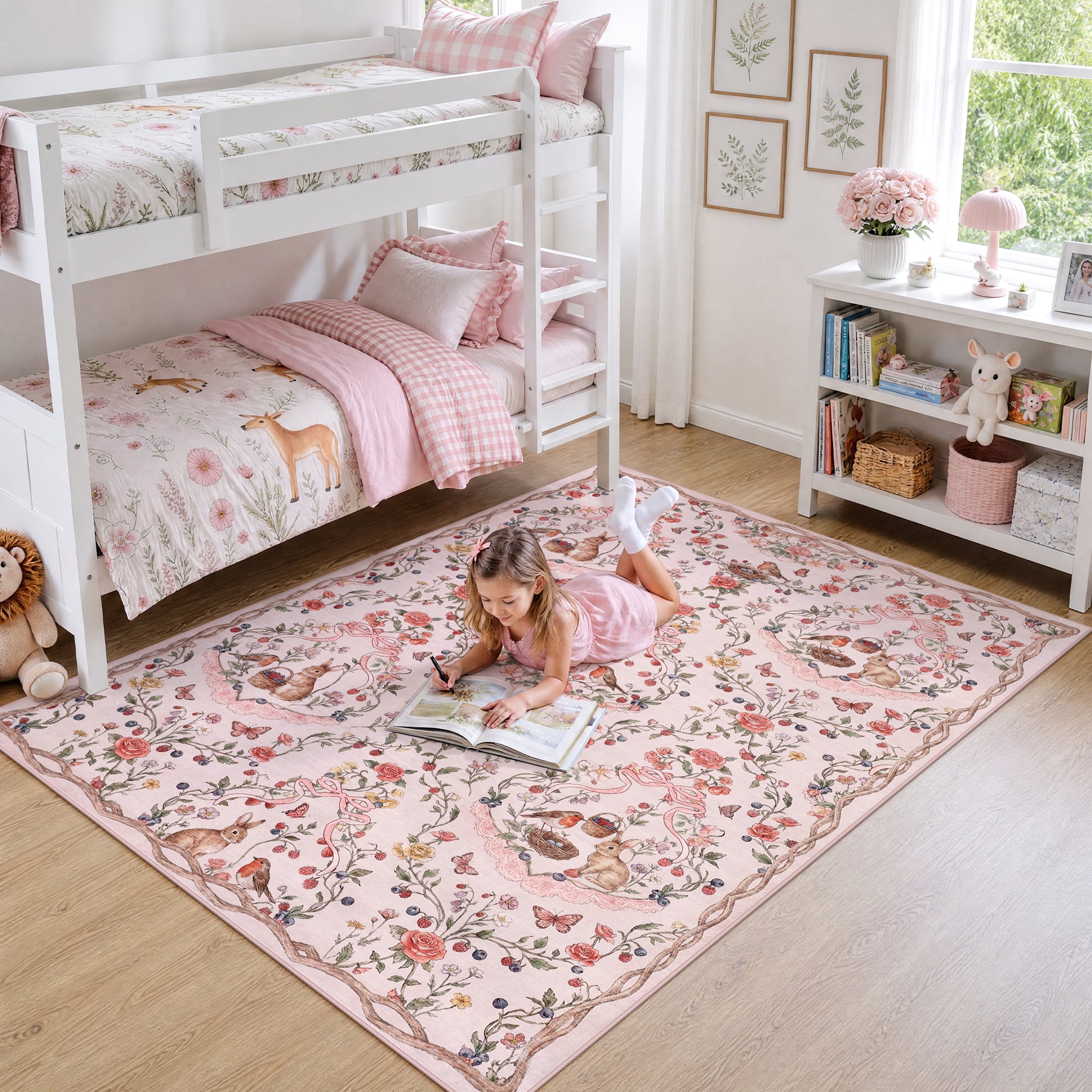 Pastoral Forest Bunny Floral Rug, Soft Water Mink Non-Slip Area Rug, Rectangular & Round Available