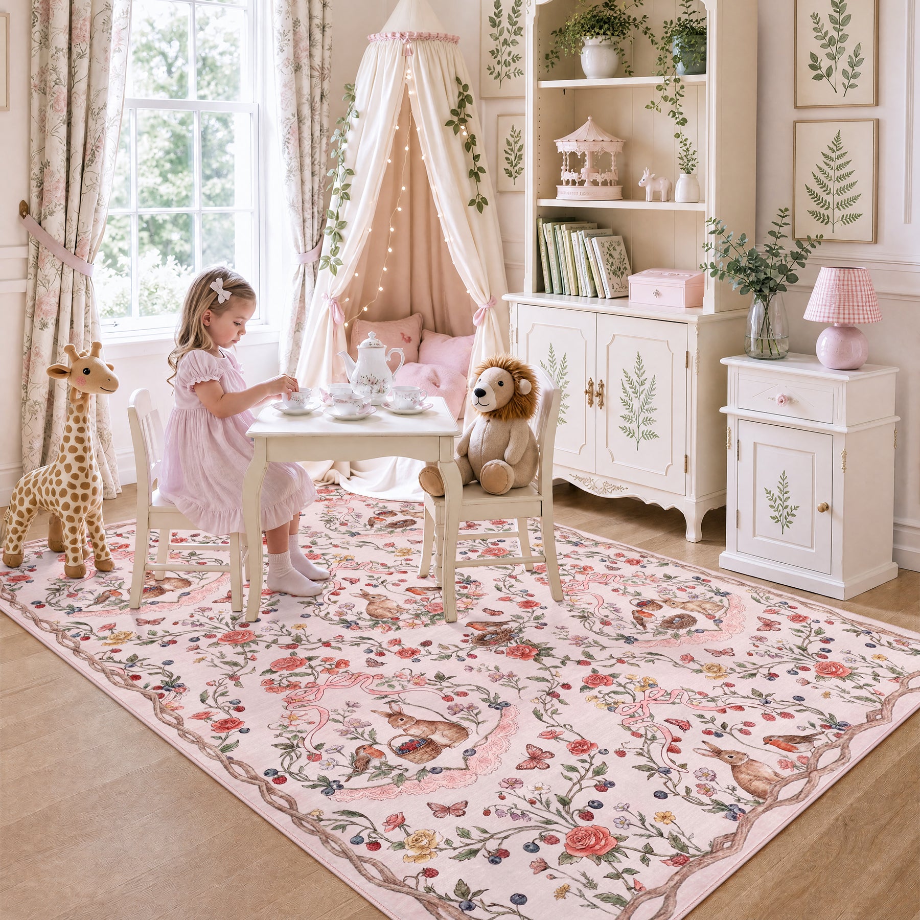 Pastoral Forest Bunny Floral Rug, Soft Water Mink Non-Slip Area Rug, Rectangular & Round Available