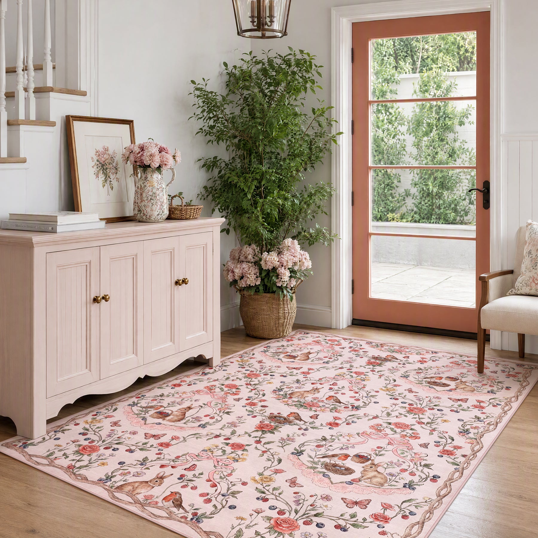Pastoral Forest Bunny Floral Rug, Soft Water Mink Non-Slip Area Rug, Rectangular & Round Available