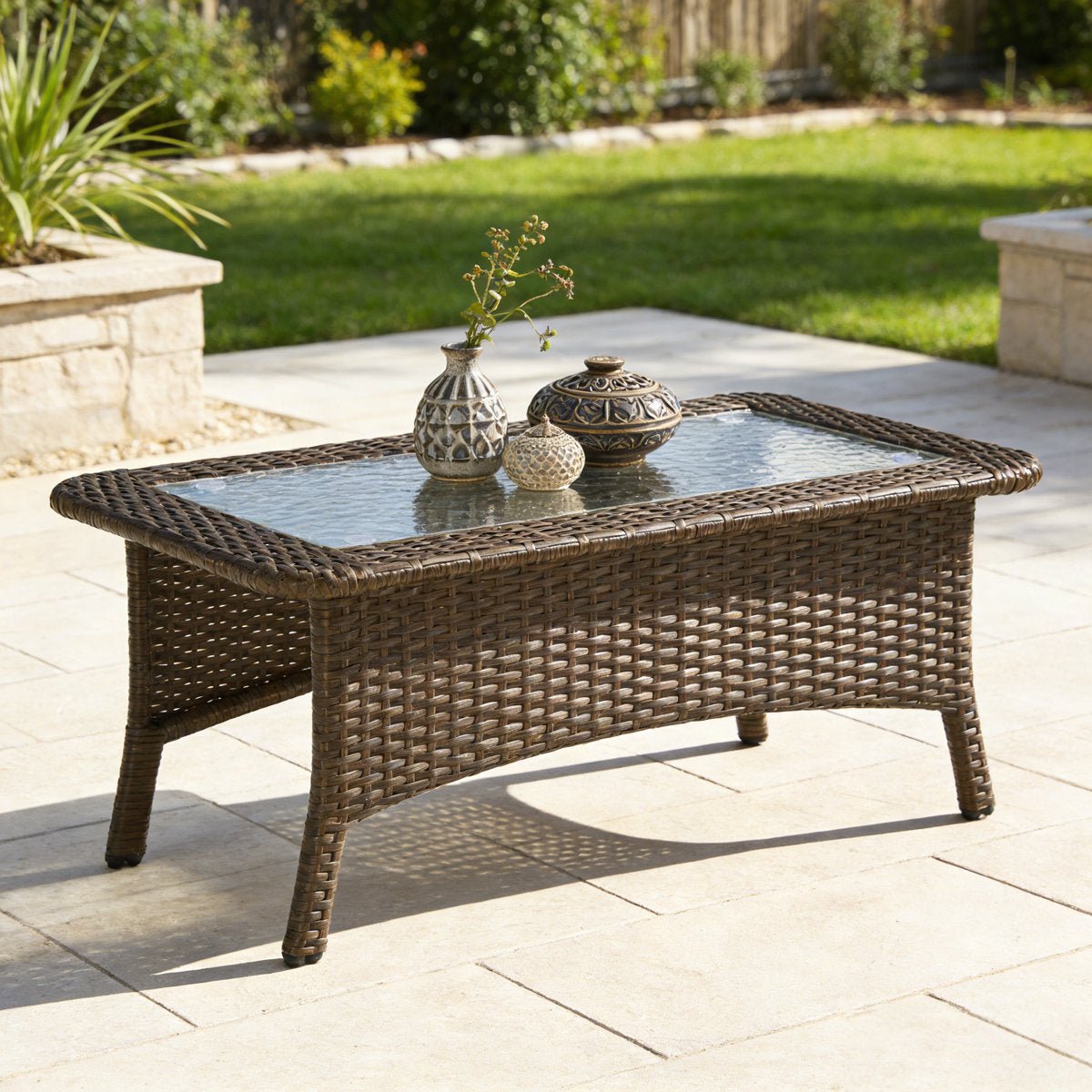 35.4" Outdoor Coffee Table, Rectangular Wicker Center Table With Glass Top