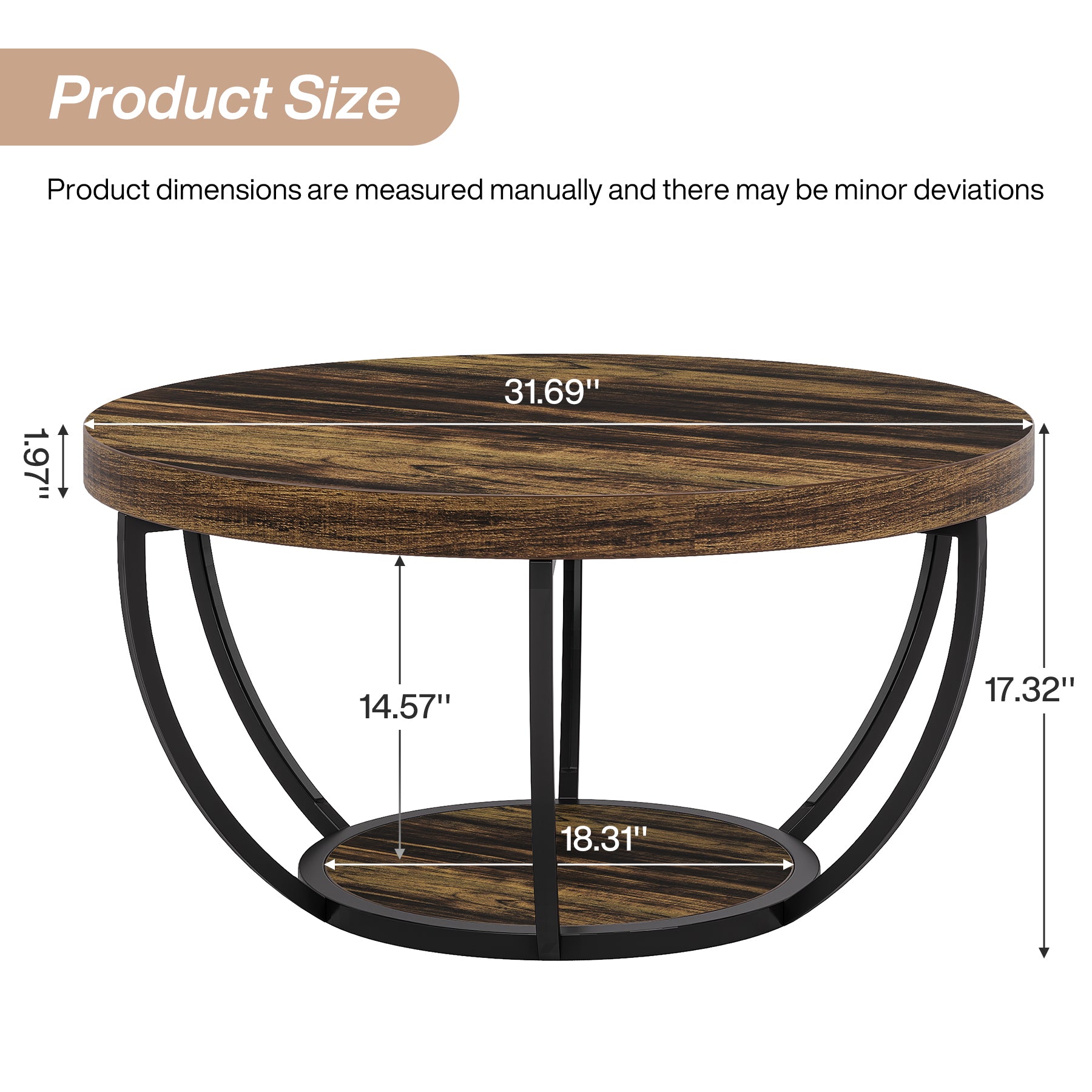 Round Coffee Table, 31.7" Center Table with 2-Tier Storage Shelves
