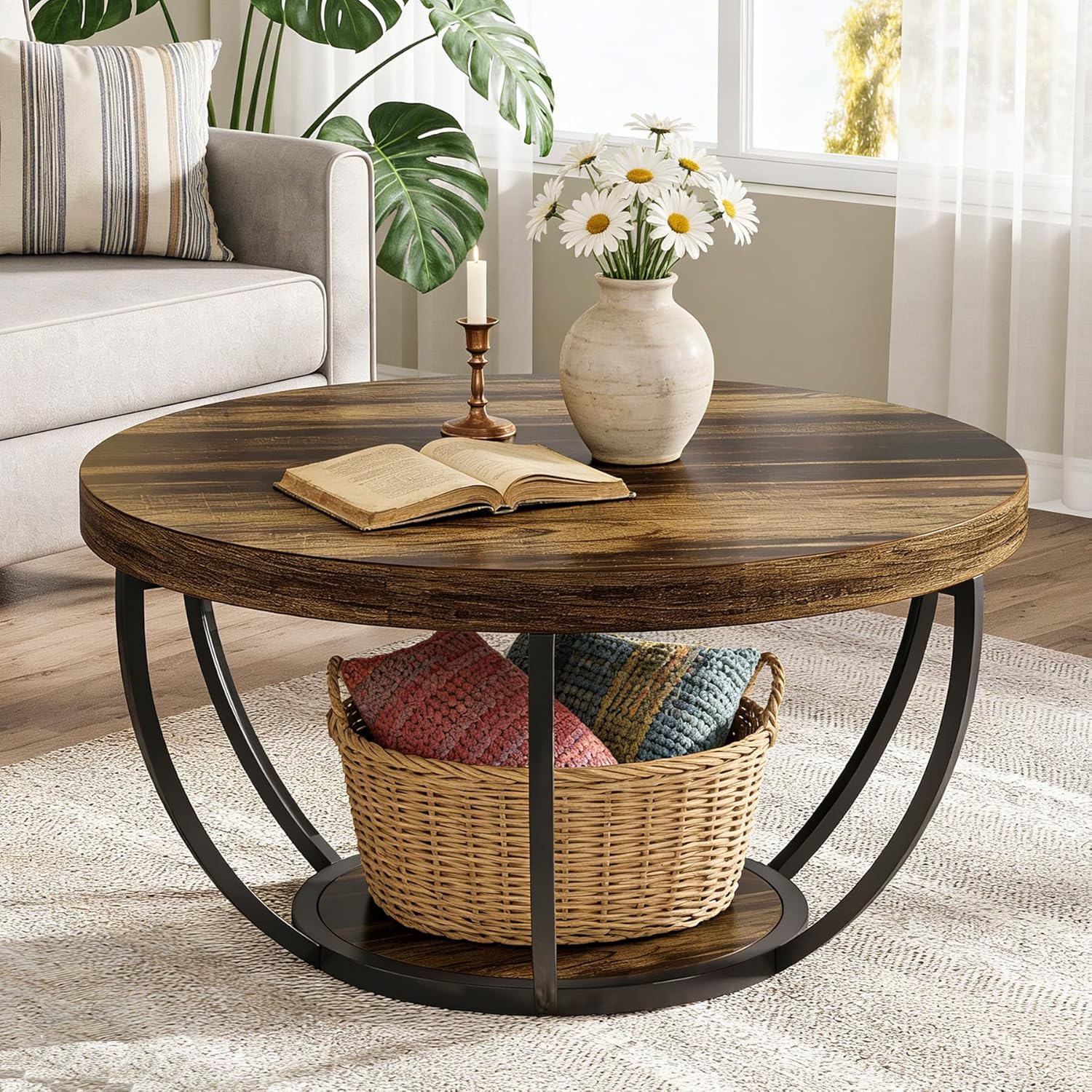 Round Coffee Table, 31.7" Center Table with 2-Tier Storage Shelves