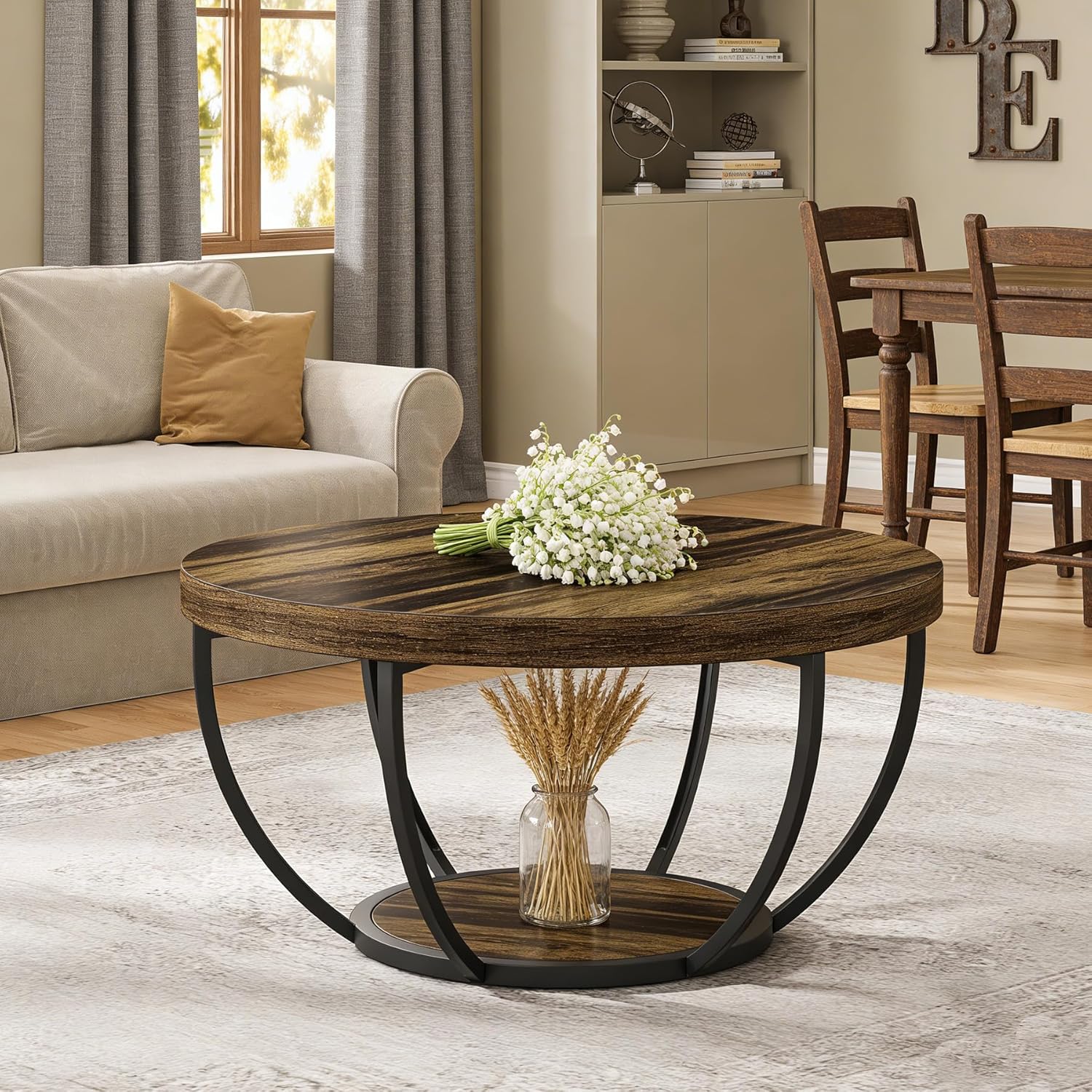 Round Coffee Table, 31.7" Center Table with 2-Tier Storage Shelves