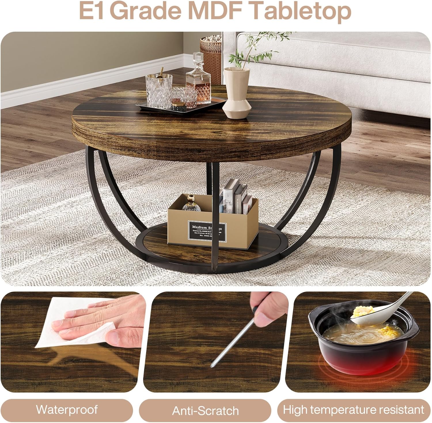 Round Coffee Table, 31.7" Center Table with 2-Tier Storage Shelves
