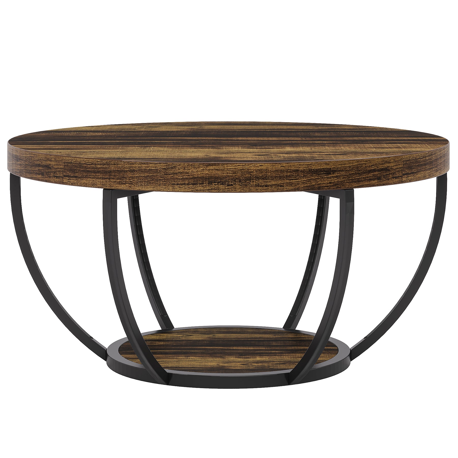 Round Coffee Table, 31.7" Center Table with 2-Tier Storage Shelves