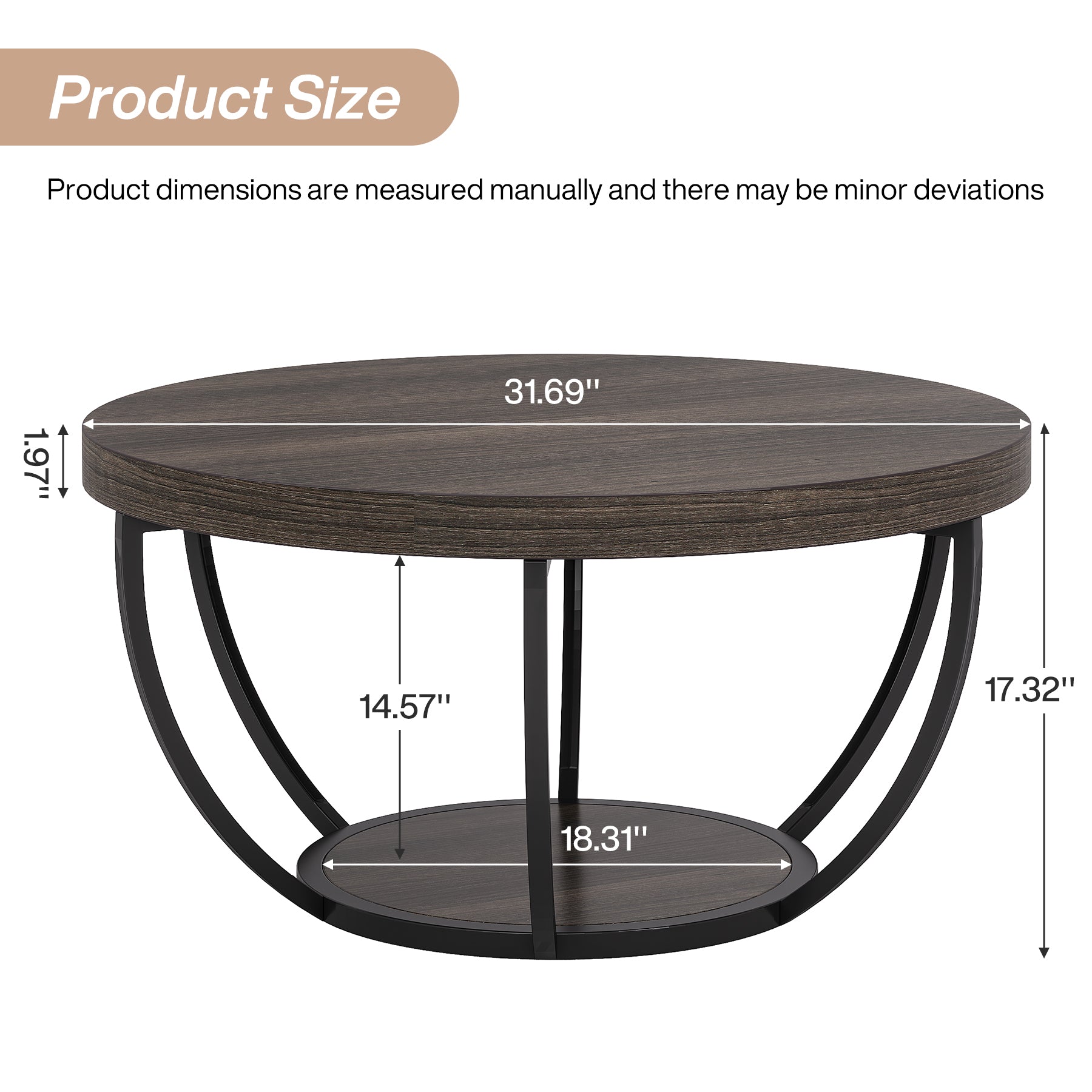 Round Coffee Table, 31.7" Center Table with 2-Tier Storage Shelves