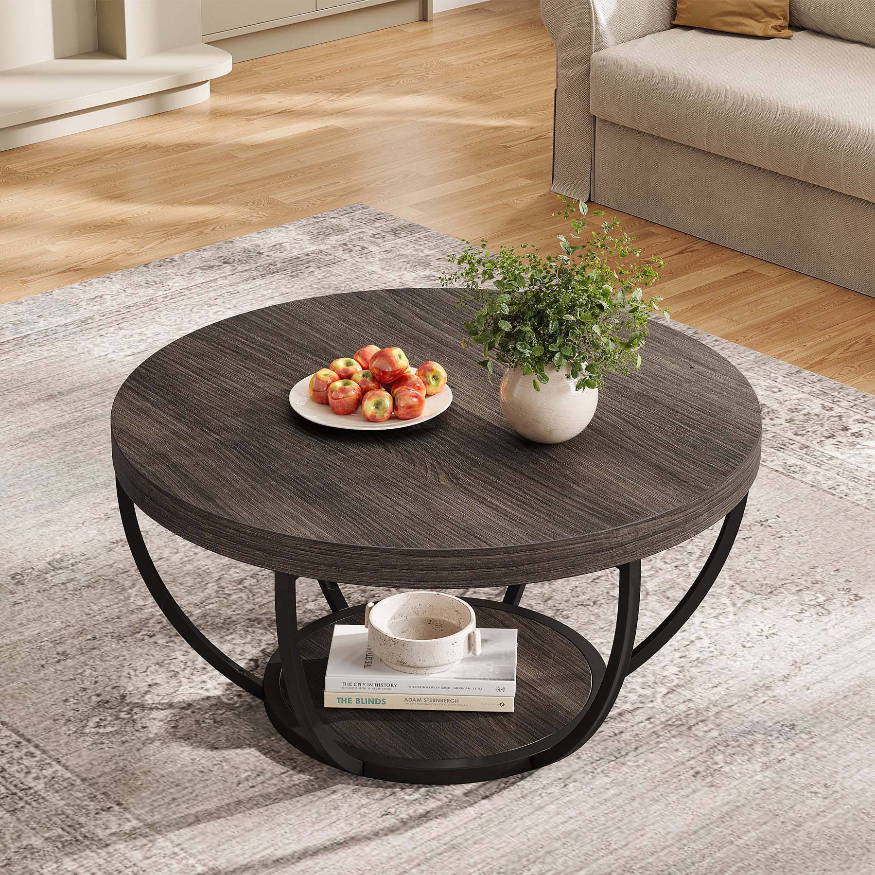 Round Coffee Table, 31.7" Center Table with 2-Tier Storage Shelves