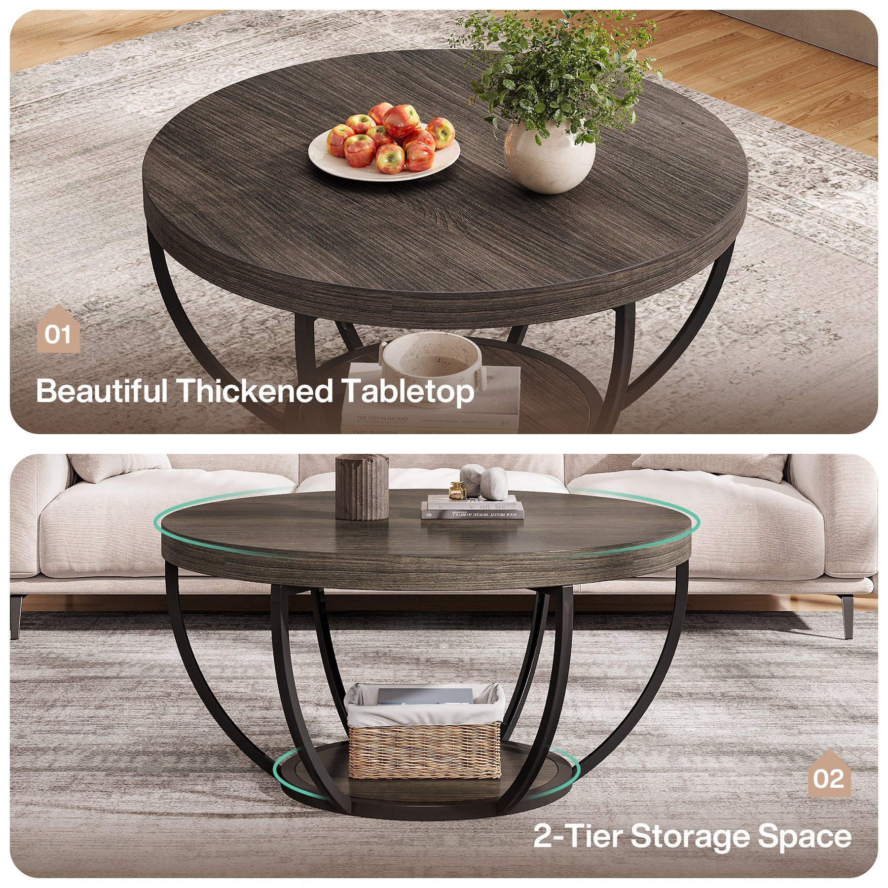 Round Coffee Table, 31.7" Center Table with 2-Tier Storage Shelves