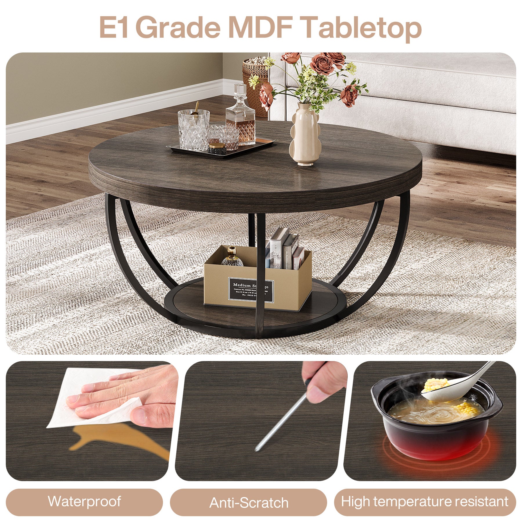 Round Coffee Table, 31.7" Center Table with 2-Tier Storage Shelves