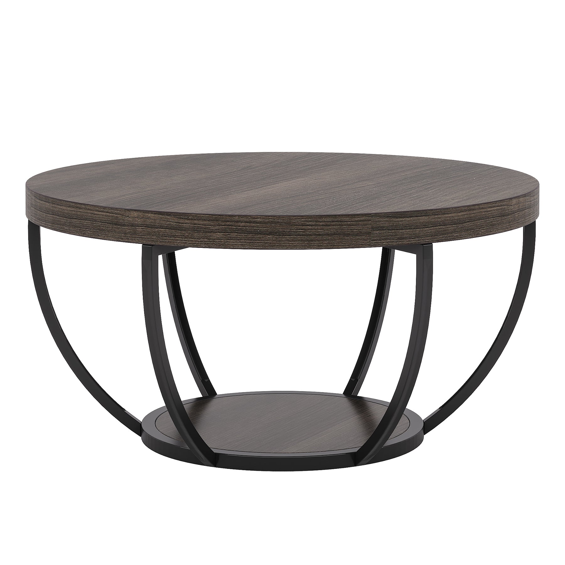 Round Coffee Table, 31.7" Center Table with 2-Tier Storage Shelves