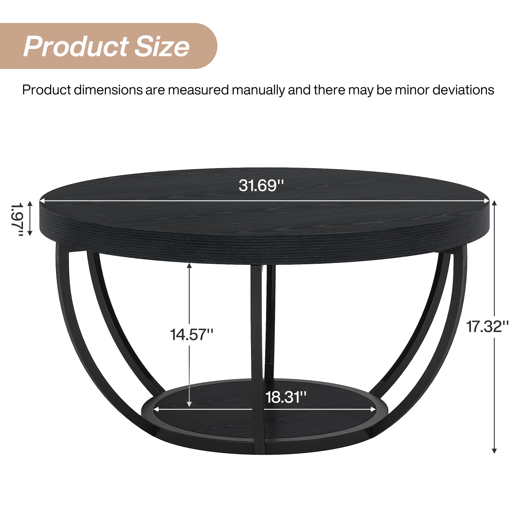 Round Coffee Table, 31.7" Center Table with 2-Tier Storage Shelves