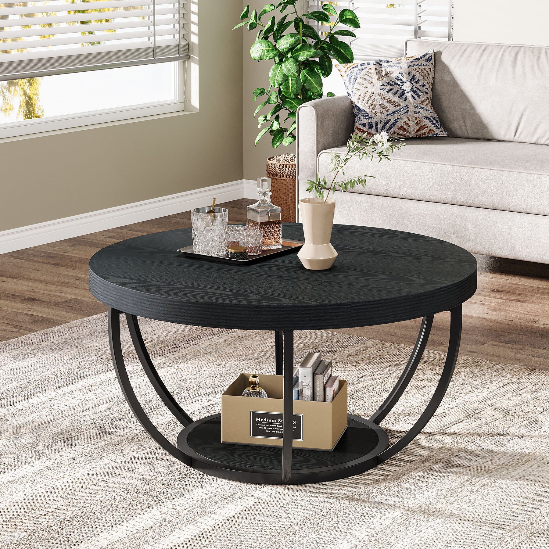 Round Coffee Table, 31.7" Center Table with 2-Tier Storage Shelves