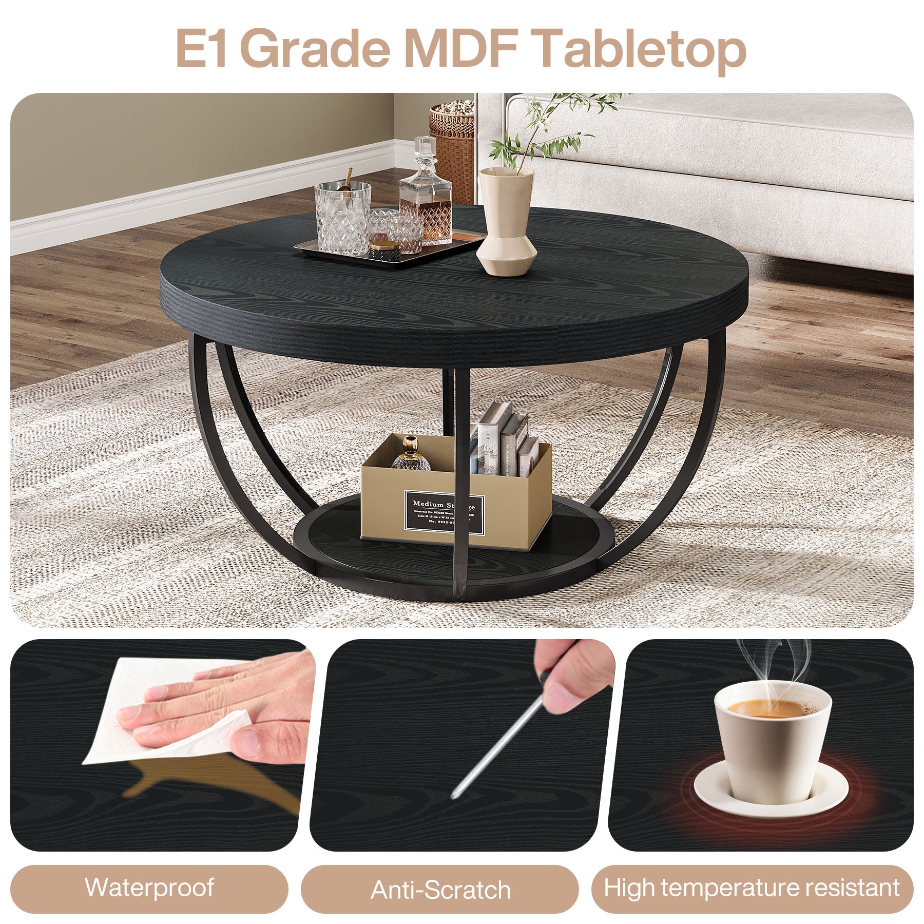 Round Coffee Table, 31.7" Center Table with 2-Tier Storage Shelves