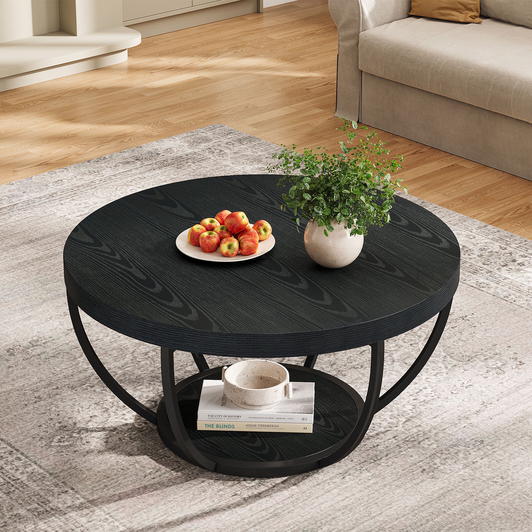 Round Coffee Table, 31.7" Center Table with 2-Tier Storage Shelves