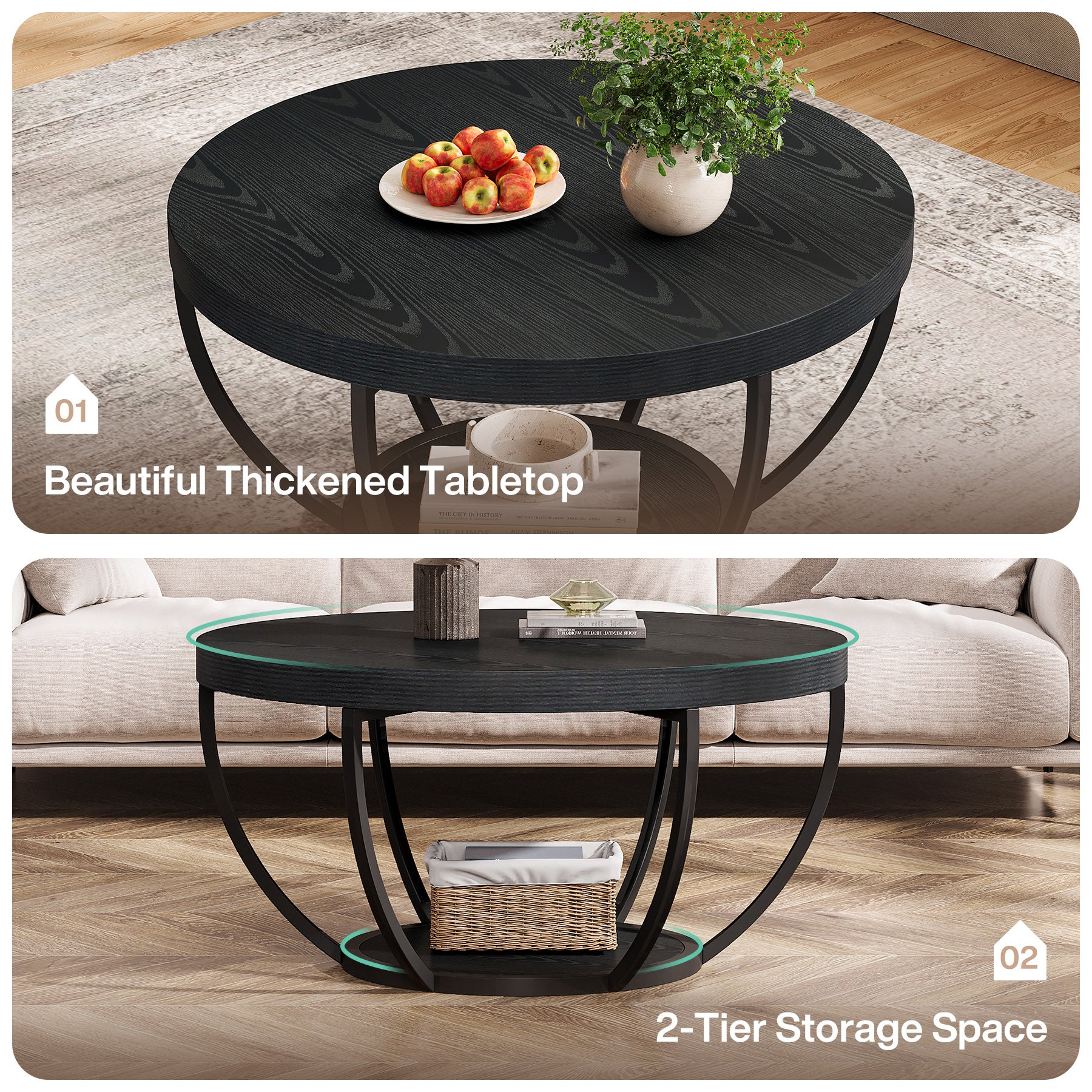 Round Coffee Table, 31.7" Center Table with 2-Tier Storage Shelves