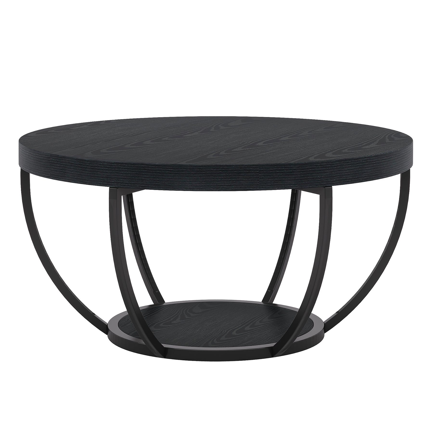 Round Coffee Table, 31.7" Center Table with 2-Tier Storage Shelves
