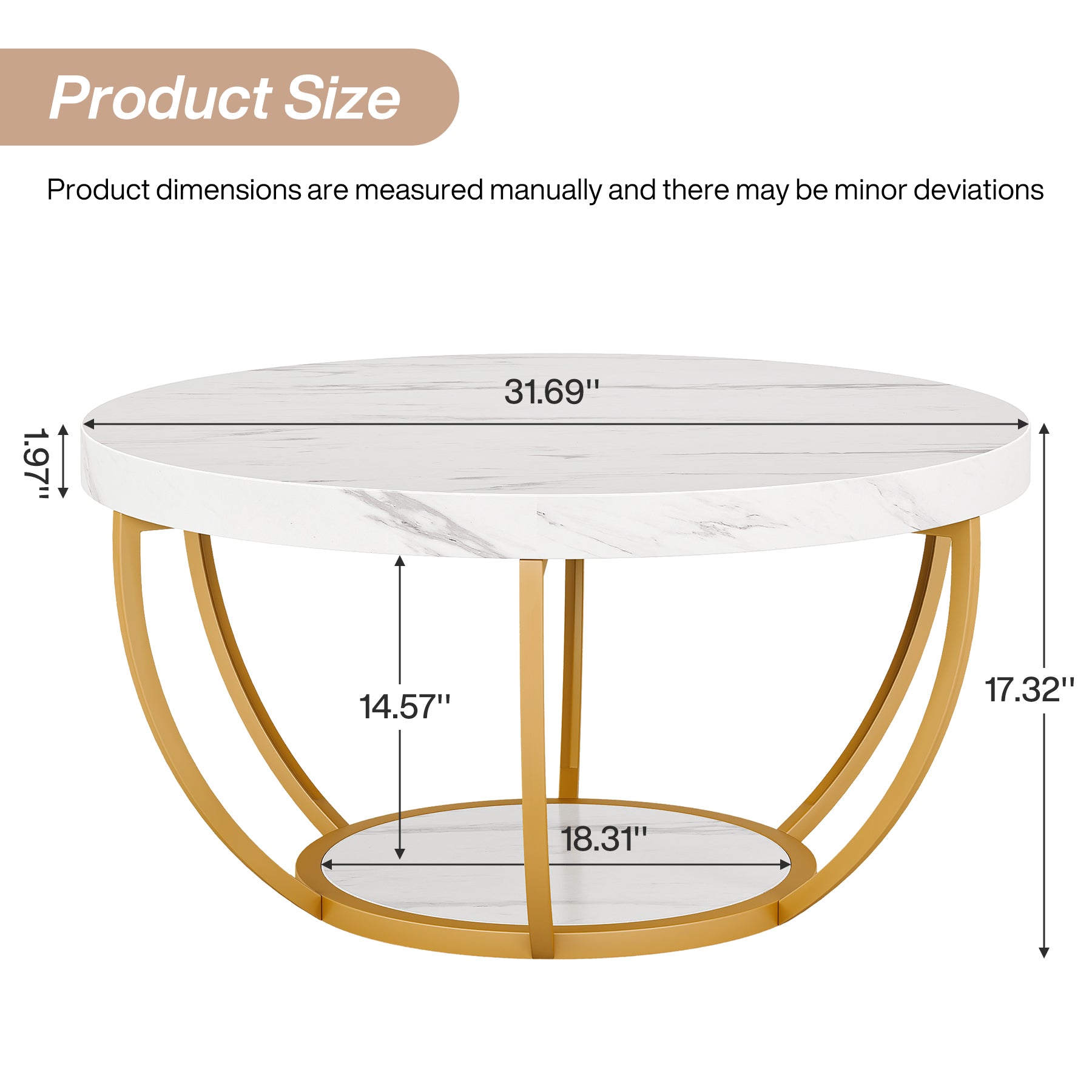 Round Coffee Table, 31.7" Center Table with 2-Tier Storage Shelves