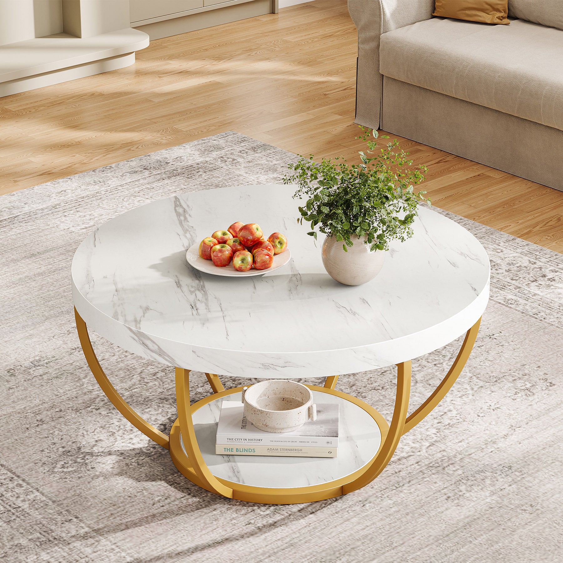 Round Coffee Table, 31.7" Center Table with 2-Tier Storage Shelves