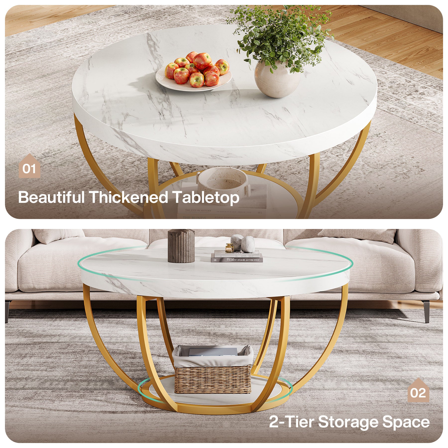 Round Coffee Table, 31.7" Center Table with 2-Tier Storage Shelves