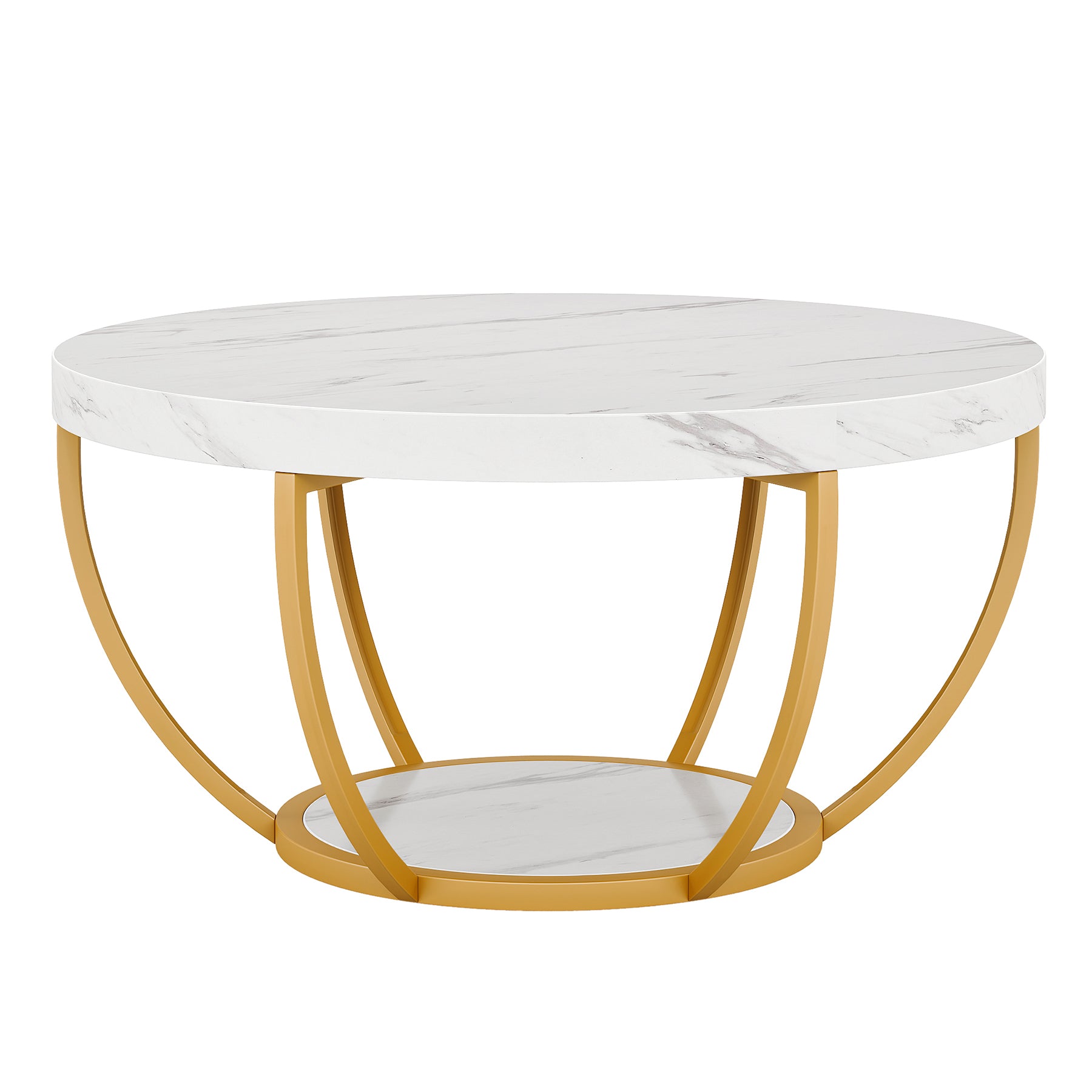 Round Coffee Table, 31.7" Center Table with 2-Tier Storage Shelves