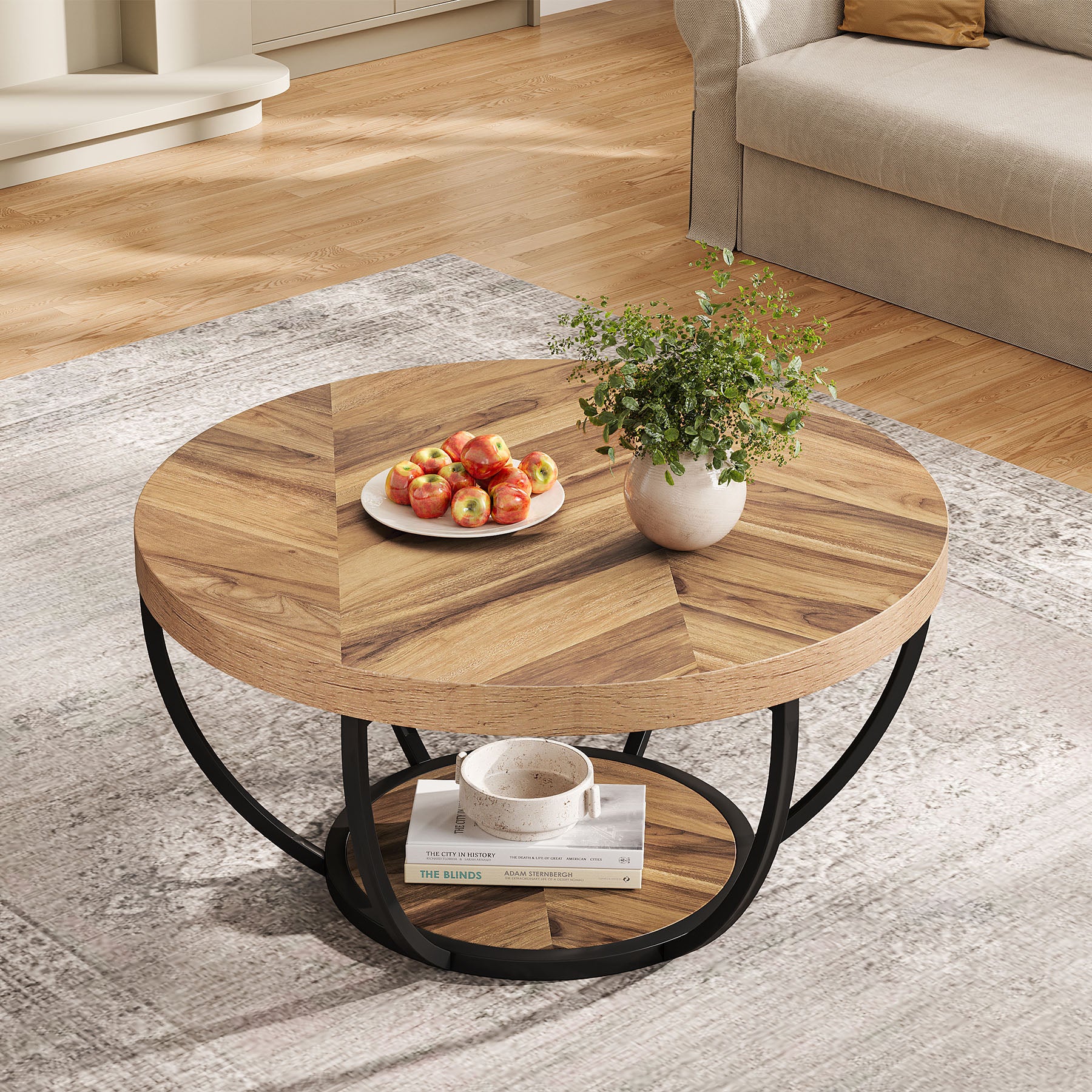 Round Coffee Table, 31.7" Center Table with 2-Tier Storage Shelves