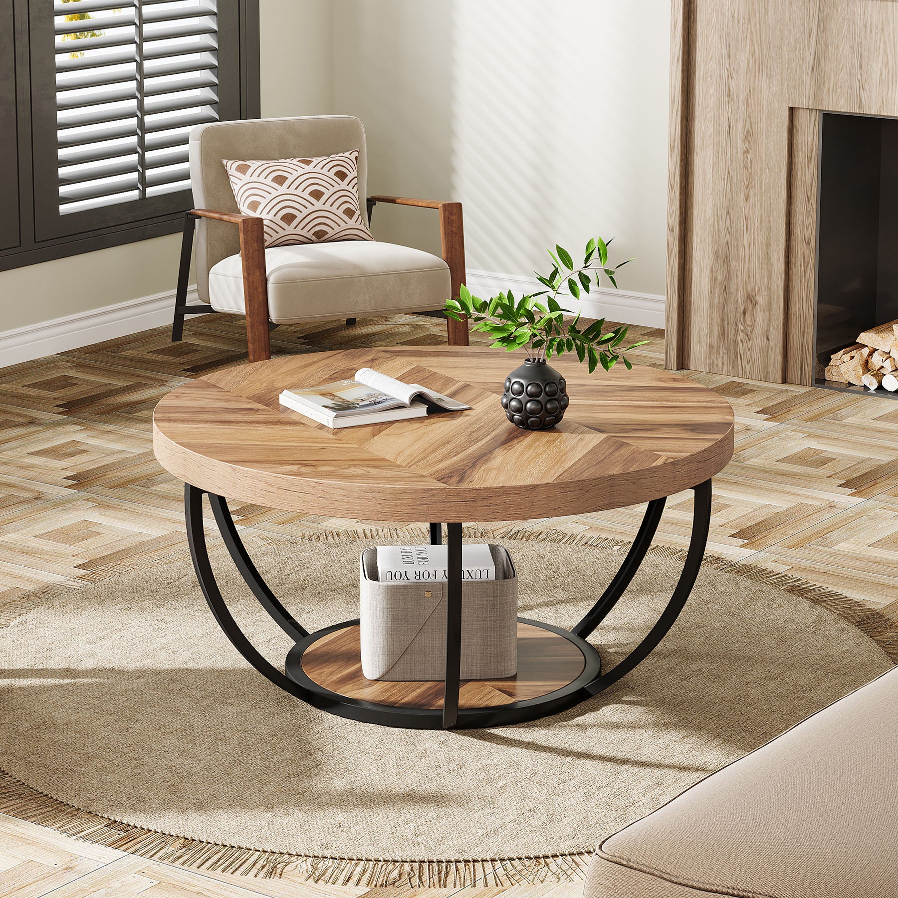 Round Coffee Table, 31.7" Center Table with 2-Tier Storage Shelves