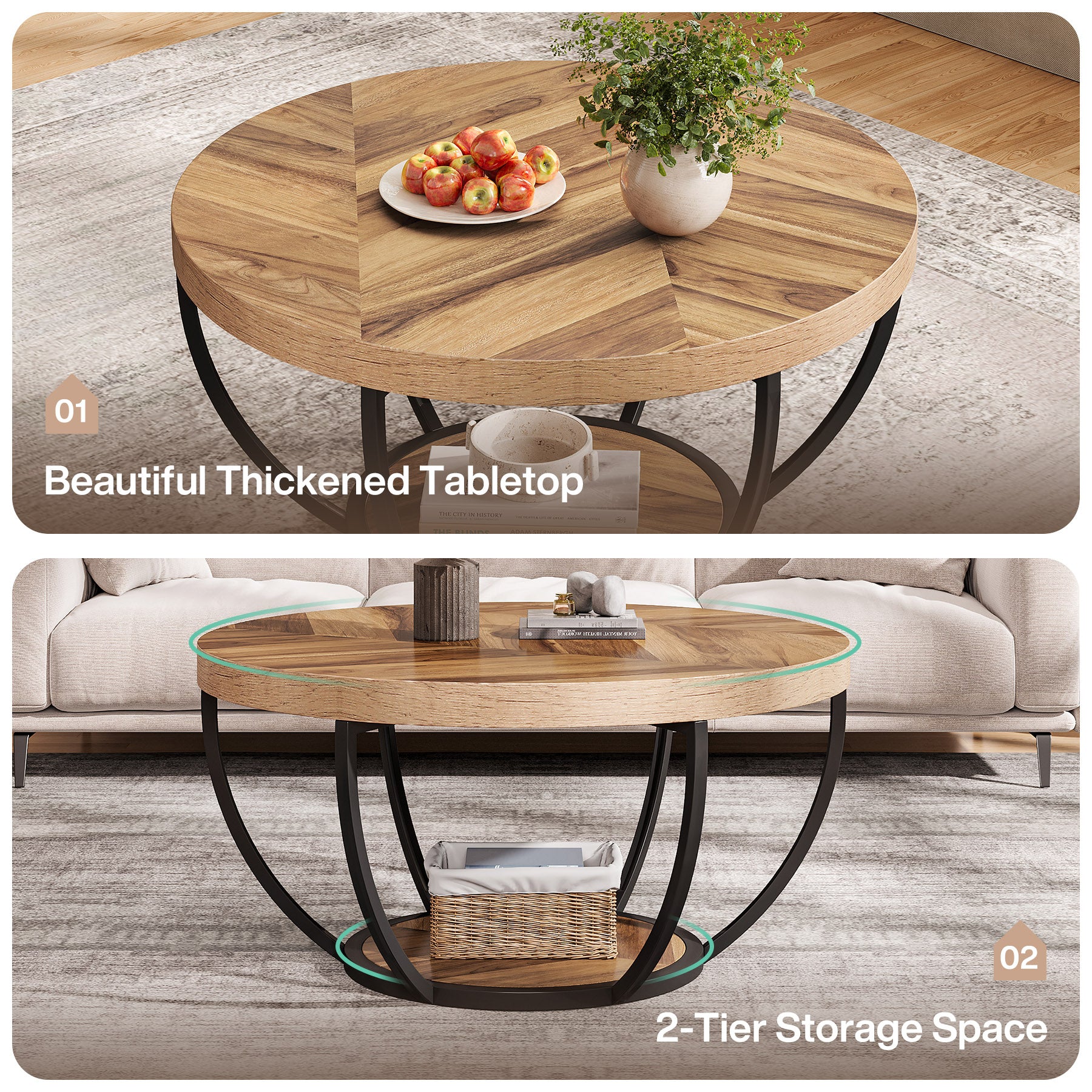 Round Coffee Table, 31.7" Center Table with 2-Tier Storage Shelves