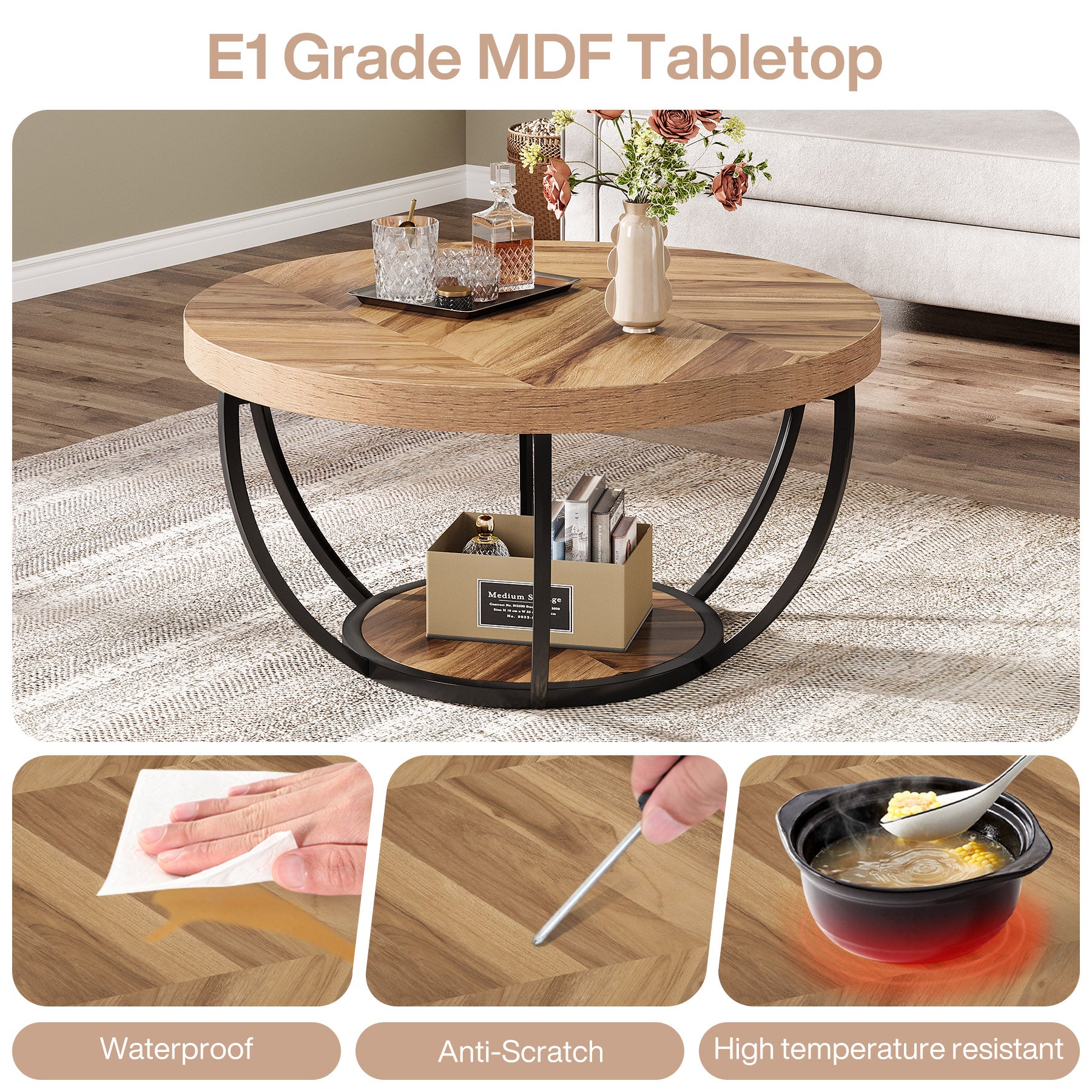 Round Coffee Table, 31.7" Center Table with 2-Tier Storage Shelves
