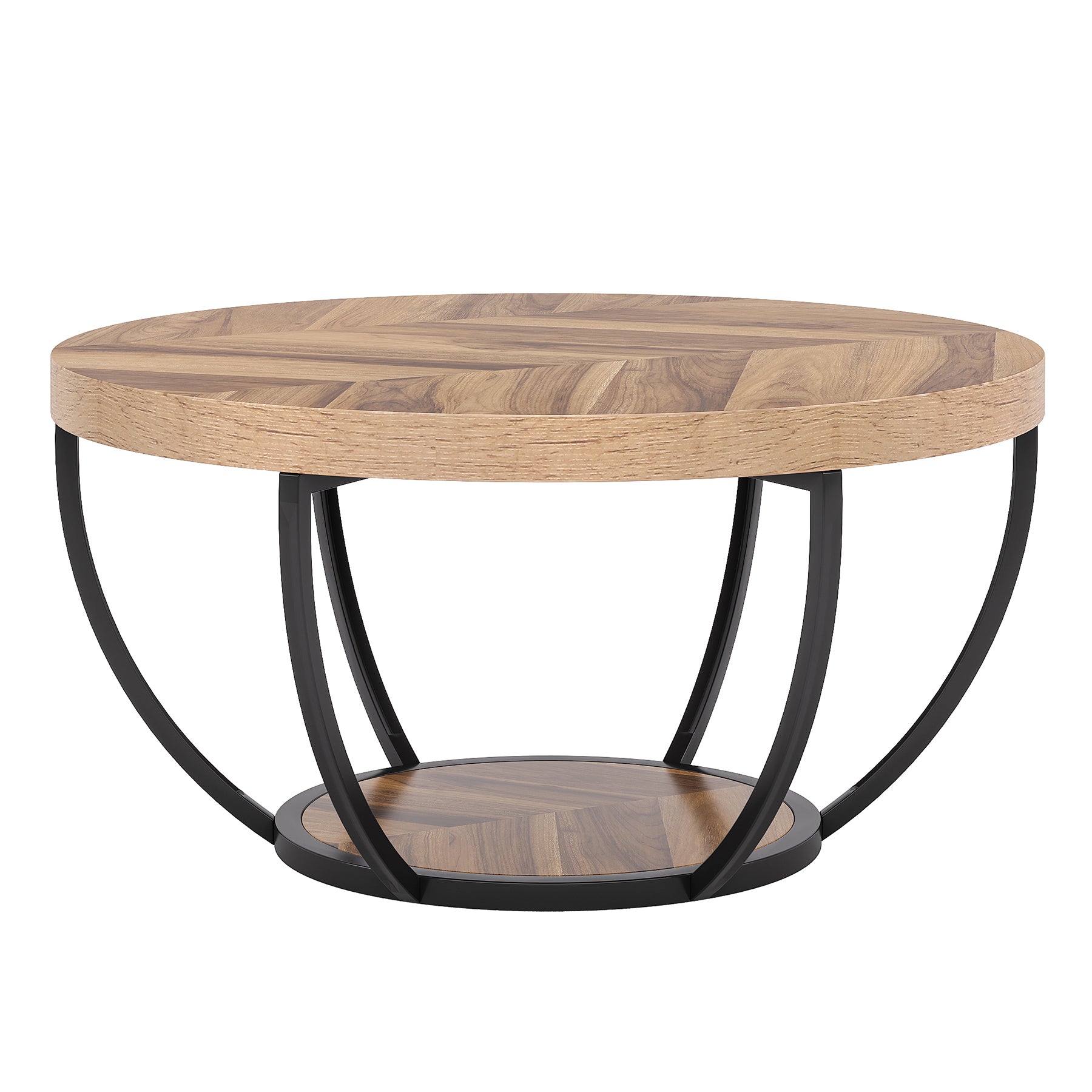 Round Coffee Table, 31.7" Center Table with 2-Tier Storage Shelves