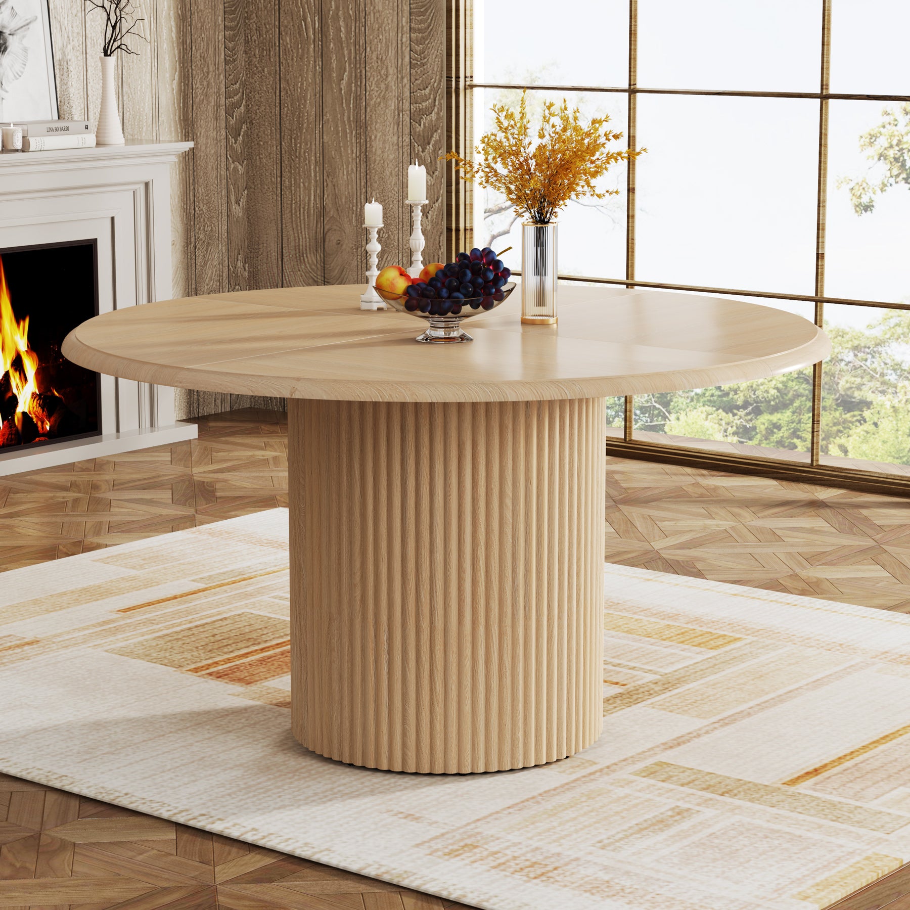 Round Dining Table, 47.24" Farmhouse Kitchen Table with Metal Base for 4