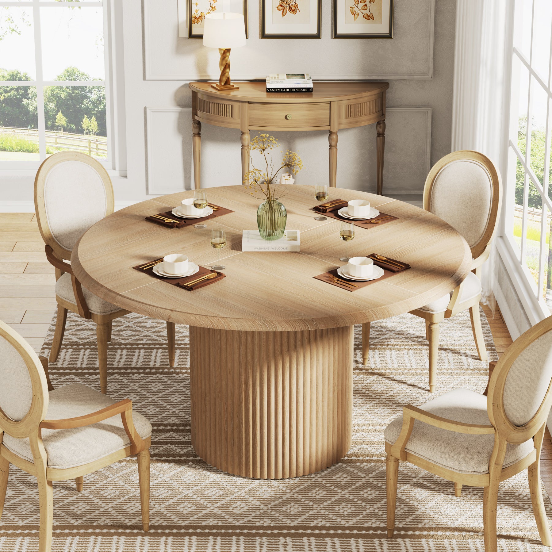 Round Dining Table, 47.24" Farmhouse Kitchen Table with Metal Base for 4