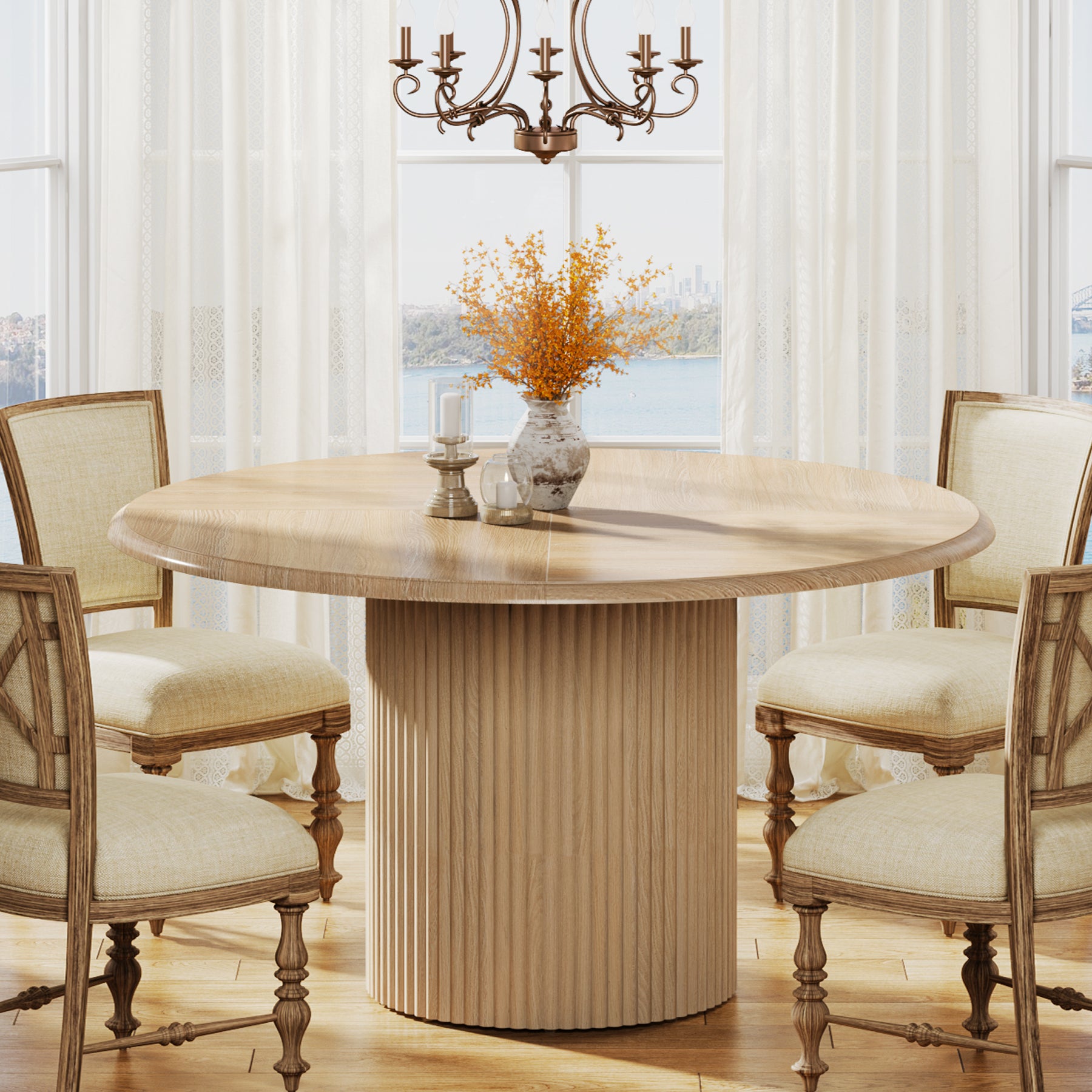 Round Dining Table, 47.24" Farmhouse Kitchen Table with Metal Base for 4