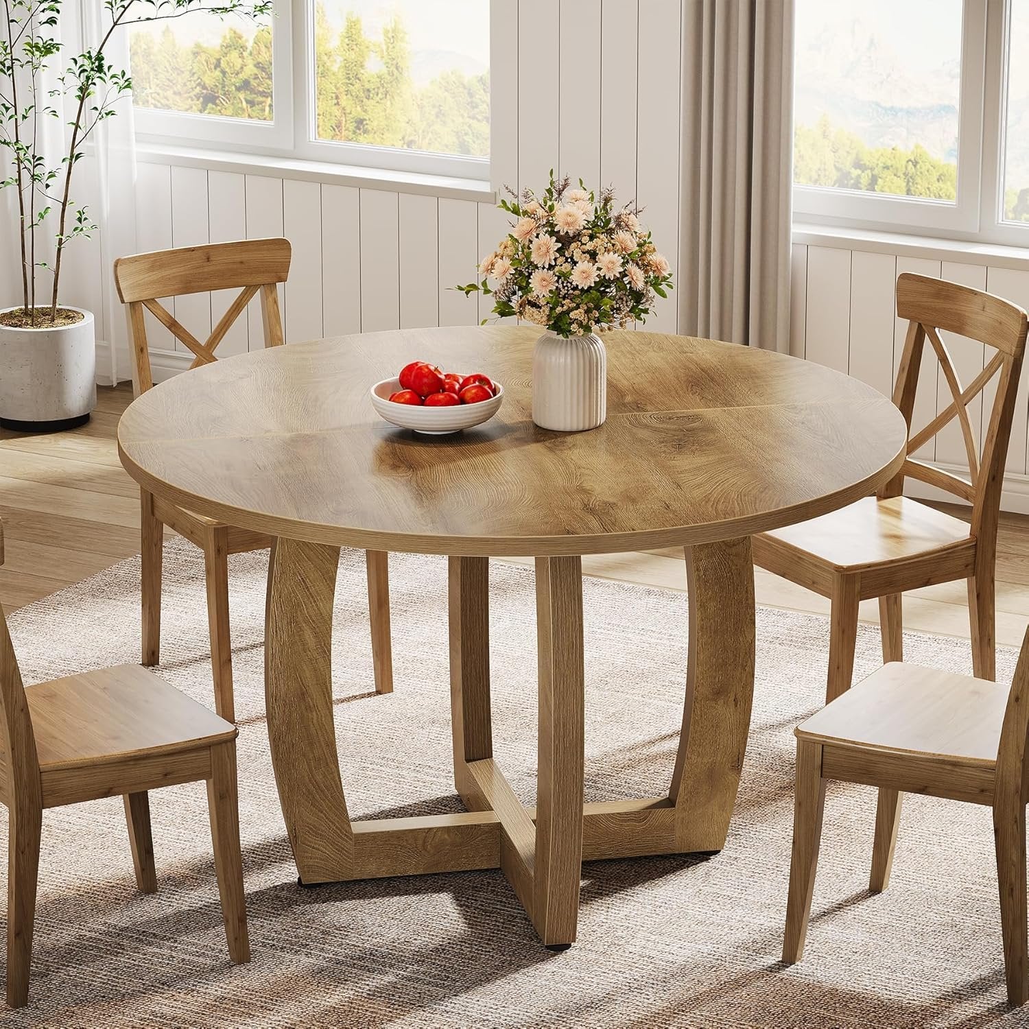Round Dining Table, 47.2" Kitchen Dinner Table with Cross Base for 4 People