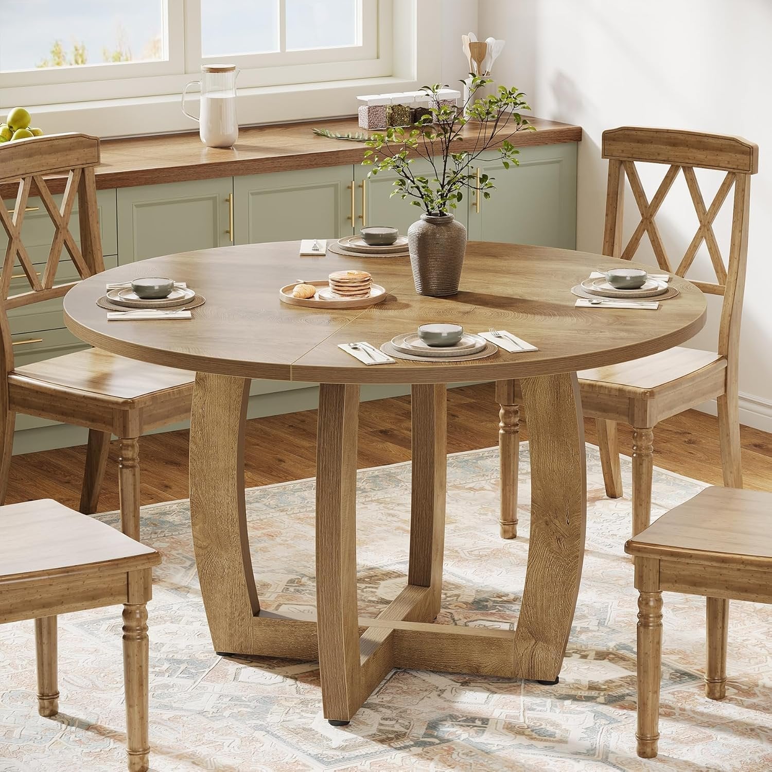 Round Dining Table, 47.2" Kitchen Dinner Table with Cross Base for 4 People