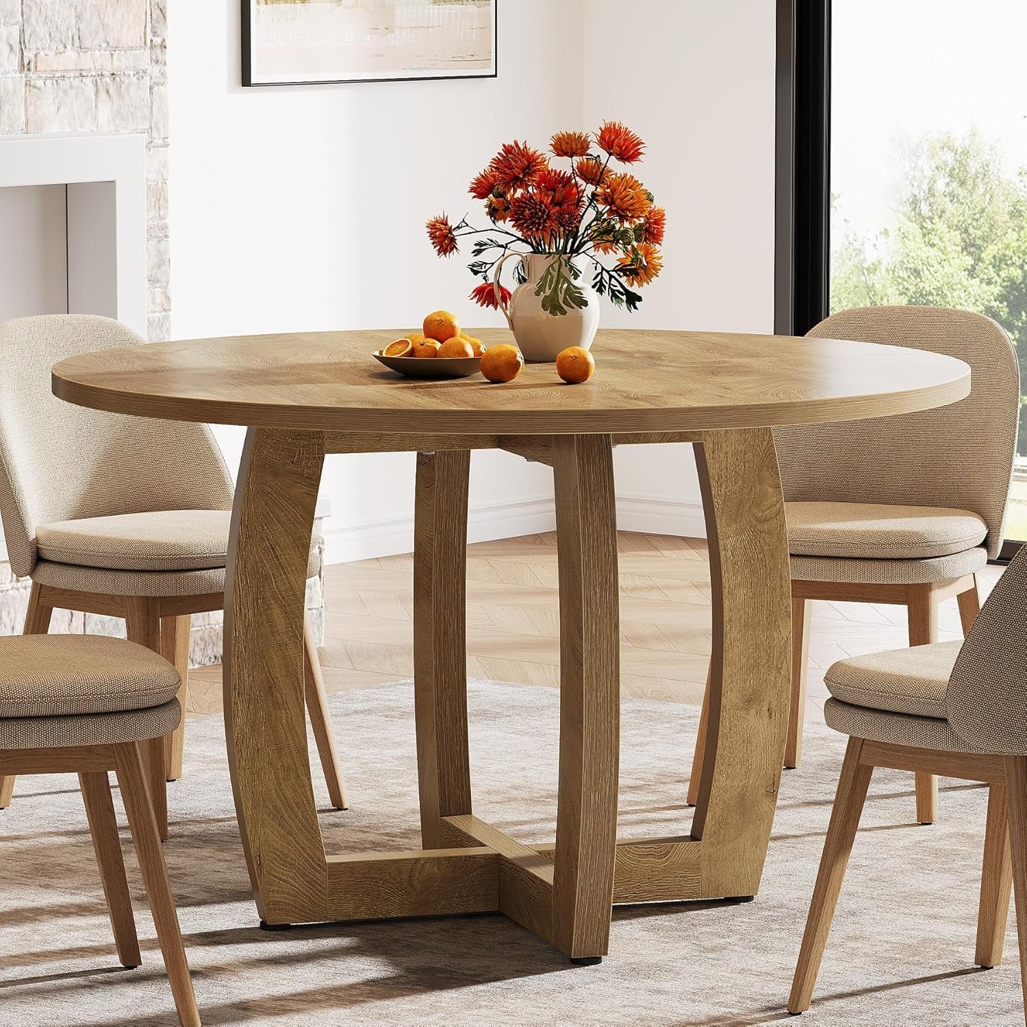 Round Dining Table, 47.2" Kitchen Dinner Table with Cross Base for 4 People