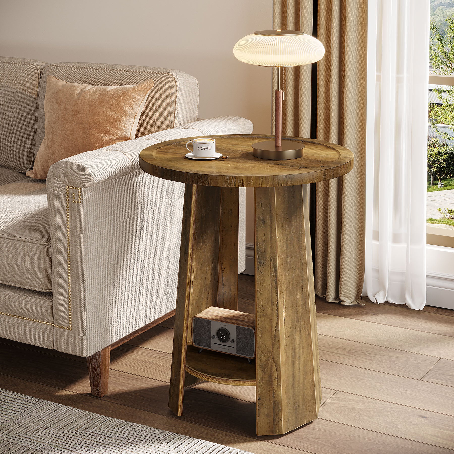 Round End Table, Rustic Sofa Side Table with Storage