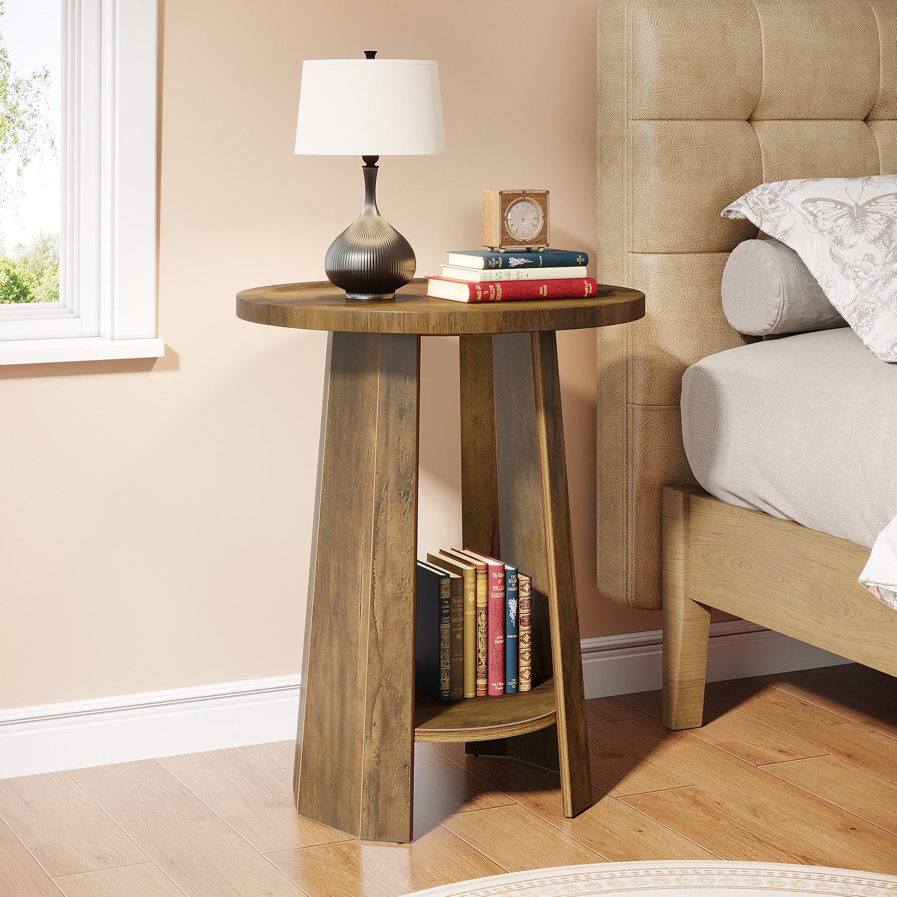 Round End Table, Rustic Sofa Side Table with Storage