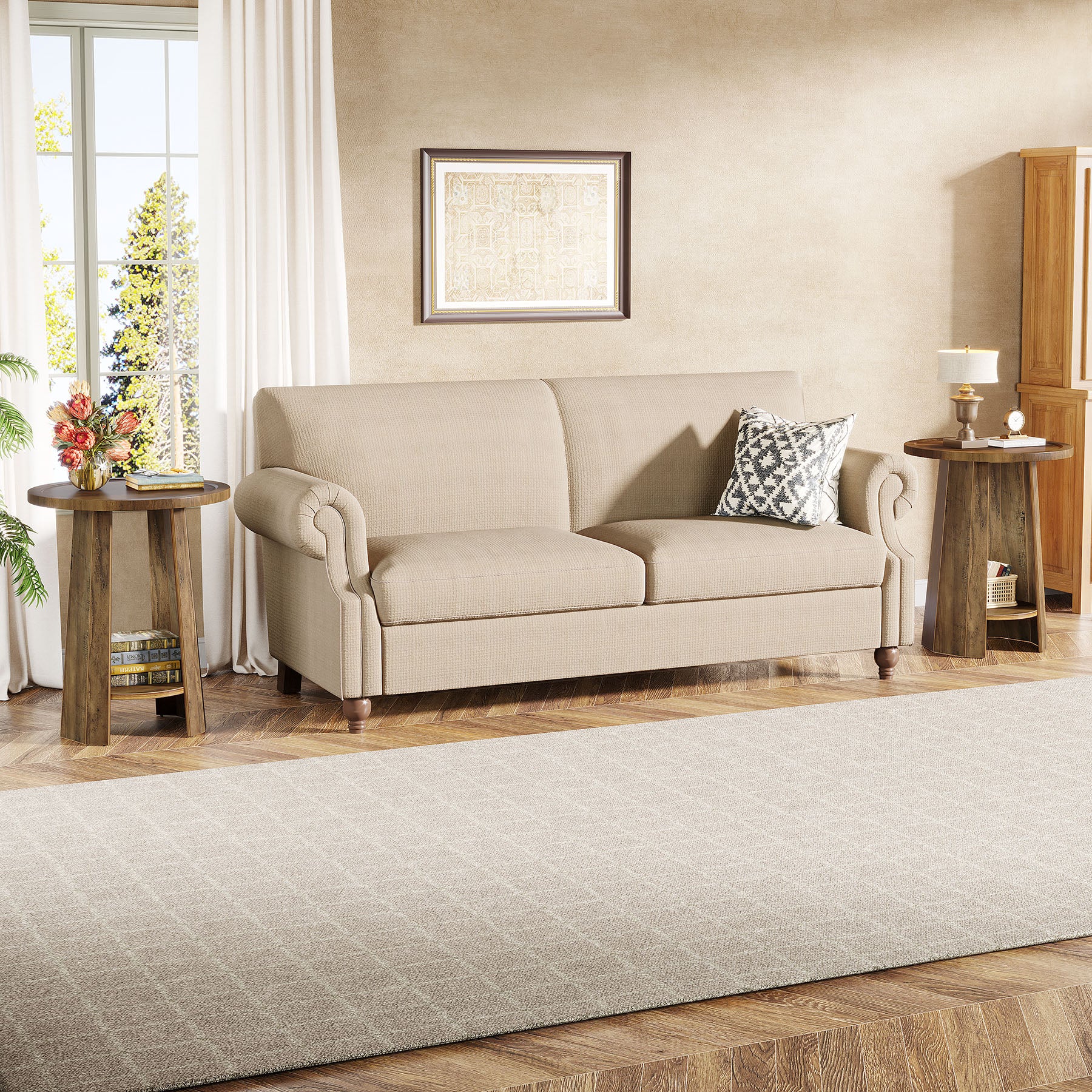 Round End Table, Rustic Sofa Side Table with Storage