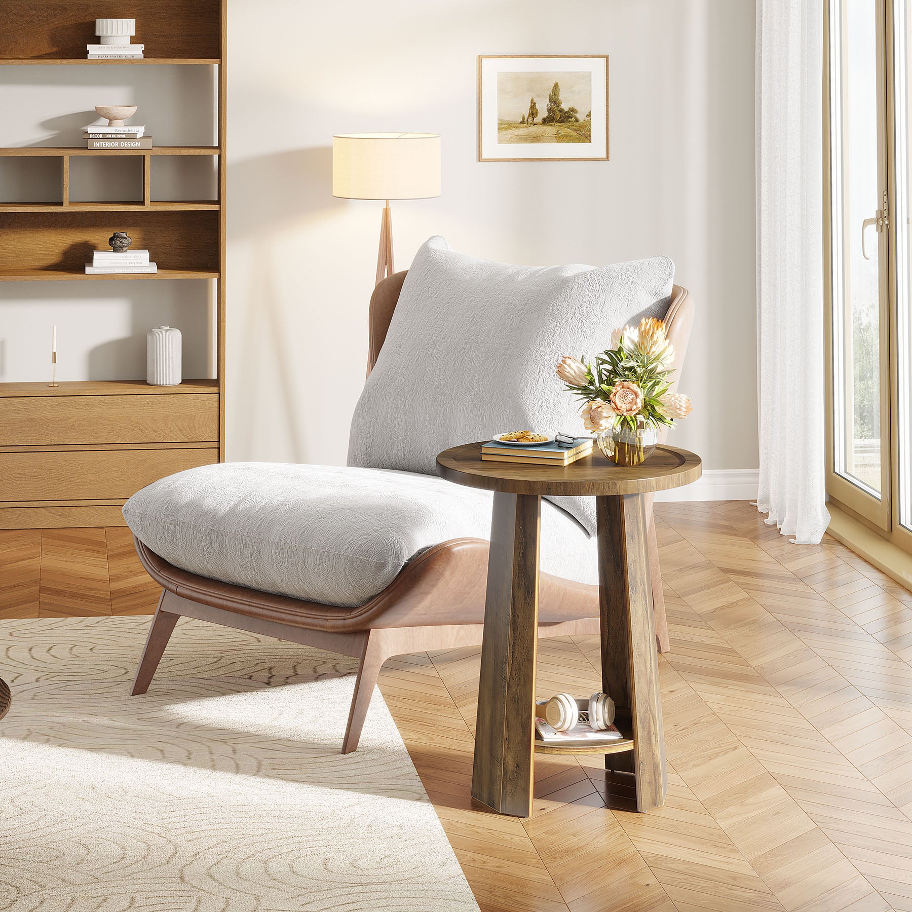 Round End Table, Rustic Sofa Side Table with Storage